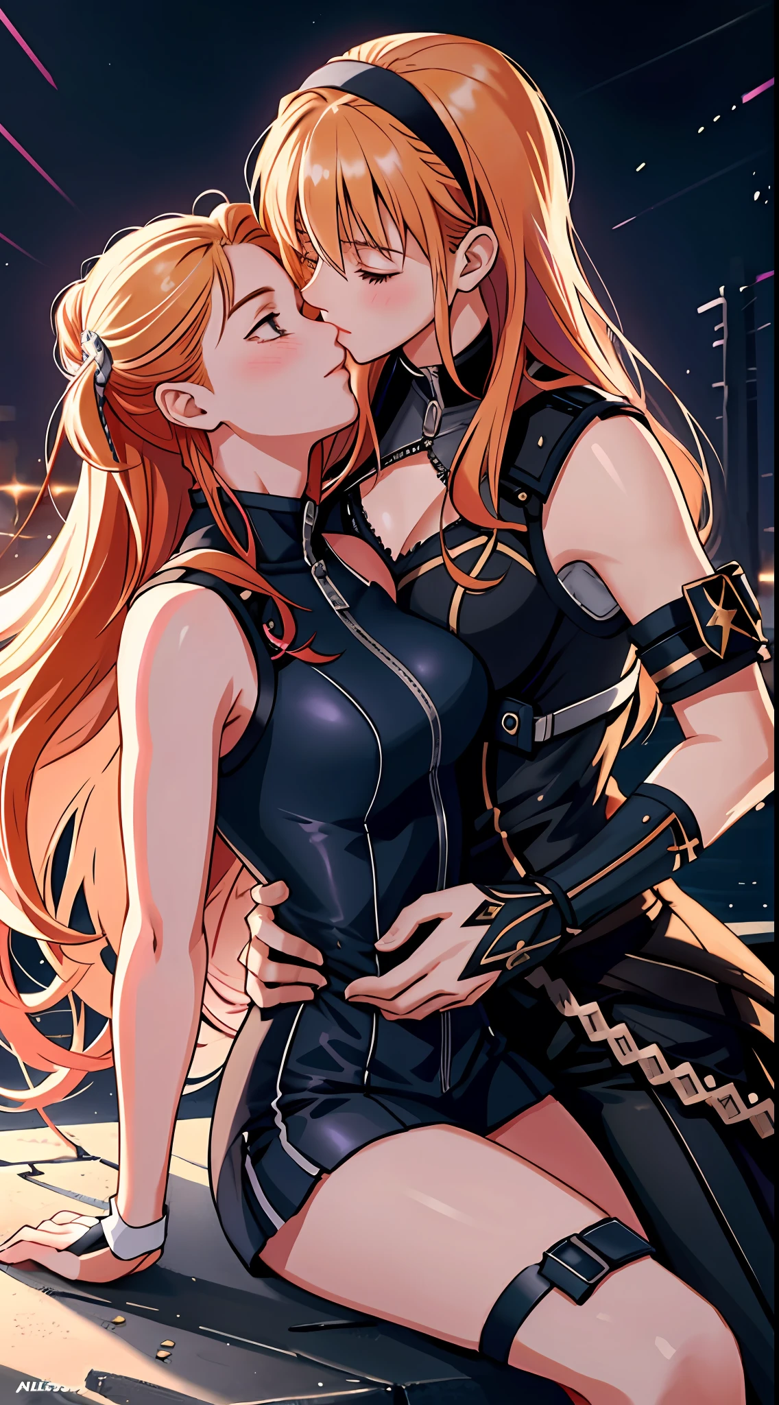 "(Alisa Reinford kissing Sara Valestein), sexy sleeveless police uniforms, yuri:1.4, provocative, hyper-detailed scene background, perfect anatomy, perfect arms, perfect hands,". (Alisa Reinford is blond, Sara Valestein has red hair), average breasts , inspired by trails of cold steel