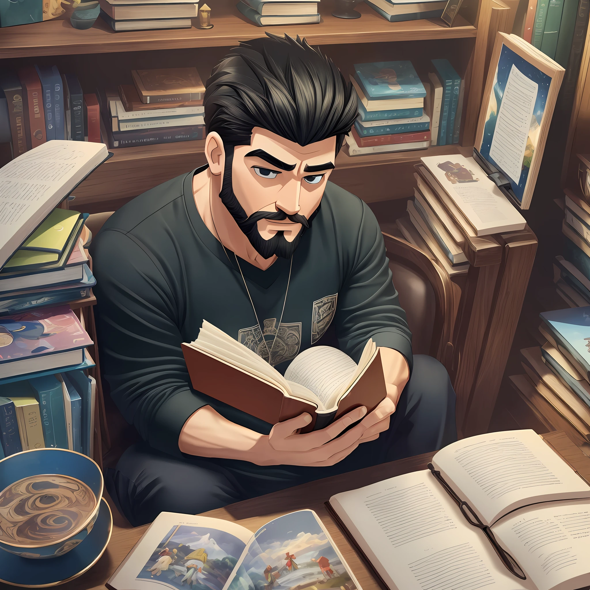 ((Best Quality, 8K, Masterpiece: 1.3)) Generate a set of cartoon characters, man, reading a book, is a pocket version, is simple black stick figure, more expressions --auto --s2
