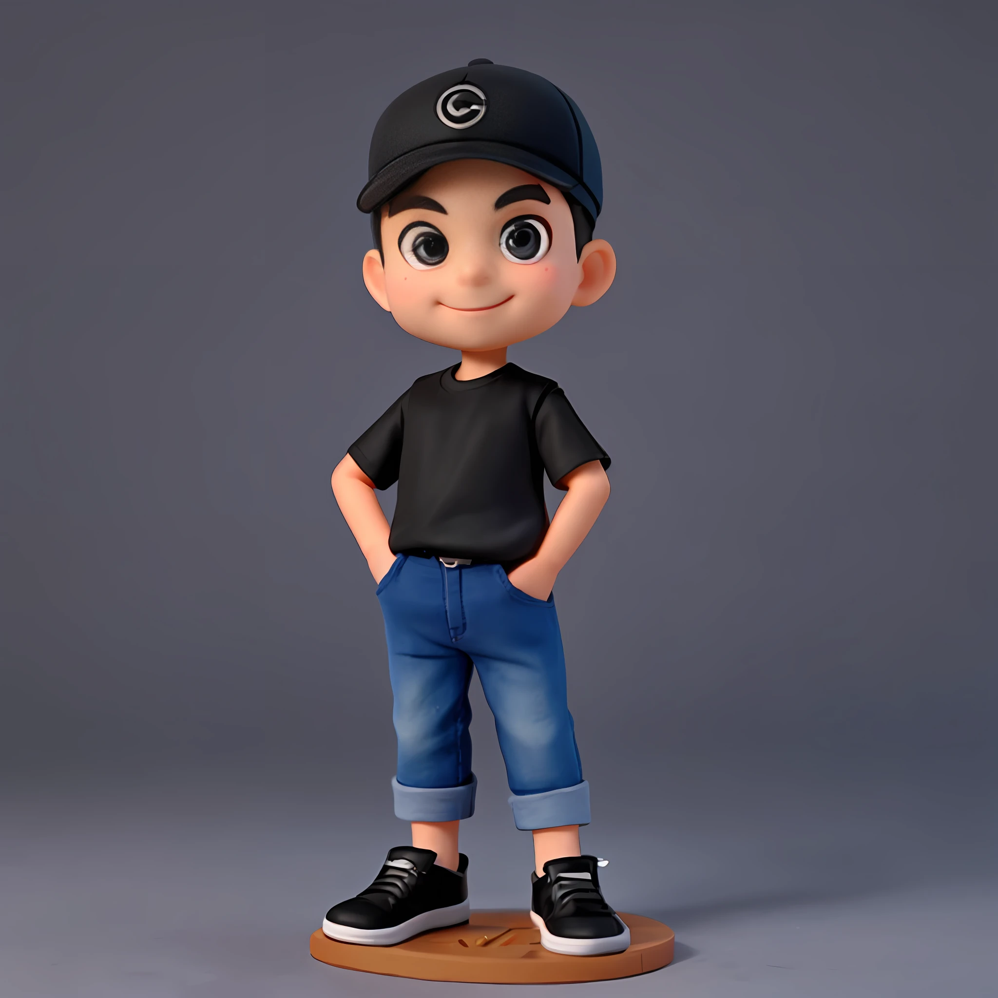 a Cute small male Fashion designer , 45-years-old, huge head, short hair, oval face，smile，fit, tall, Wearing a black baseball cap ，wearing Wear black T-shirt and dark blue jeans and black running shoes，Toy figures, best quality, 3d cartoon，full body view, fantasy, dreamlike, surrealism, super cute, trending on artstation