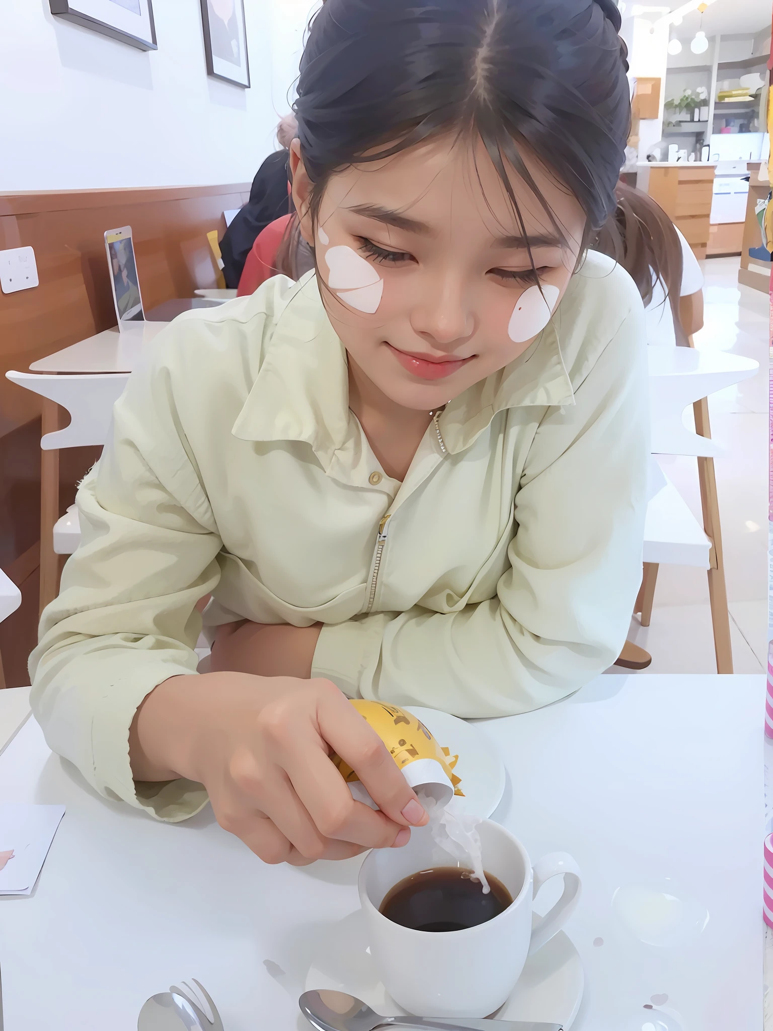 A young girl, sitting, drinking coffee,stable diffusion.,detail.