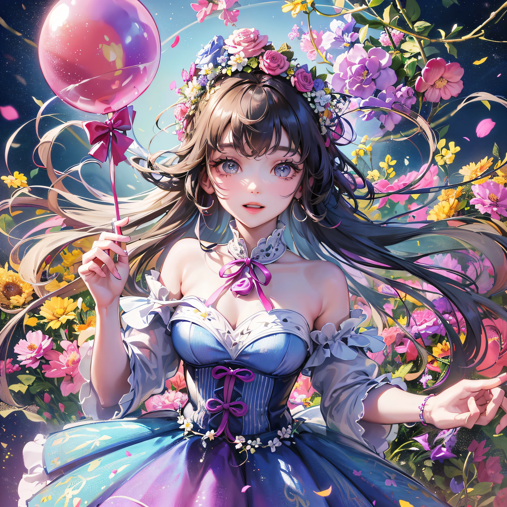 A girl holding a balloon in her hand, colorful flowers floating in the sky, meadow, dancing, holding a balloon, happy, happy, perfect quality, clear focus (clutter - home: 0.8), (masterpiece: 1.2) (Realistic: 1.2) (Bokeh) (Best quality) (Detailed skin: 1.3) (Intricate details) (8K) (Detail eyes) (Sharp focus), (Happy) --auto --s2