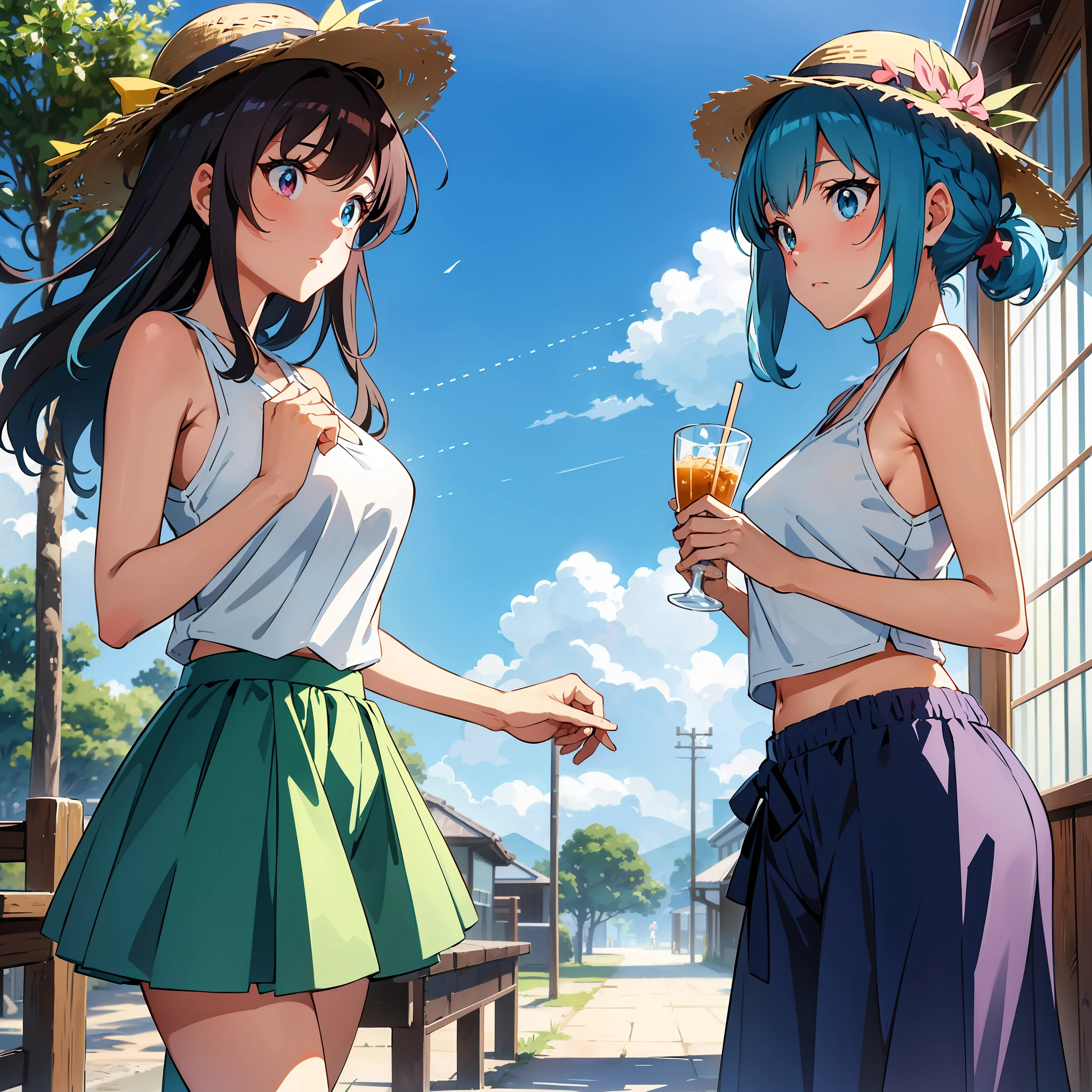 Anime illustrations in the style of "Kyoto Animation", highest quality, (cute: 1.1), (cute), (high resolution: 1.2), incredibly ridiculous: 1.3, incredibly fine illustrations, break 1 beautiful girl, Solo, (heterochromia, light blue eyes and light green eyes), silhouette of star eyes, solo, standing figure, troubled face, princess eyes, big breasts, break, left side tail, light blue hair, semi-long hair, cute star hair ornament, white tank top, blue shorts, Straw hat, wind