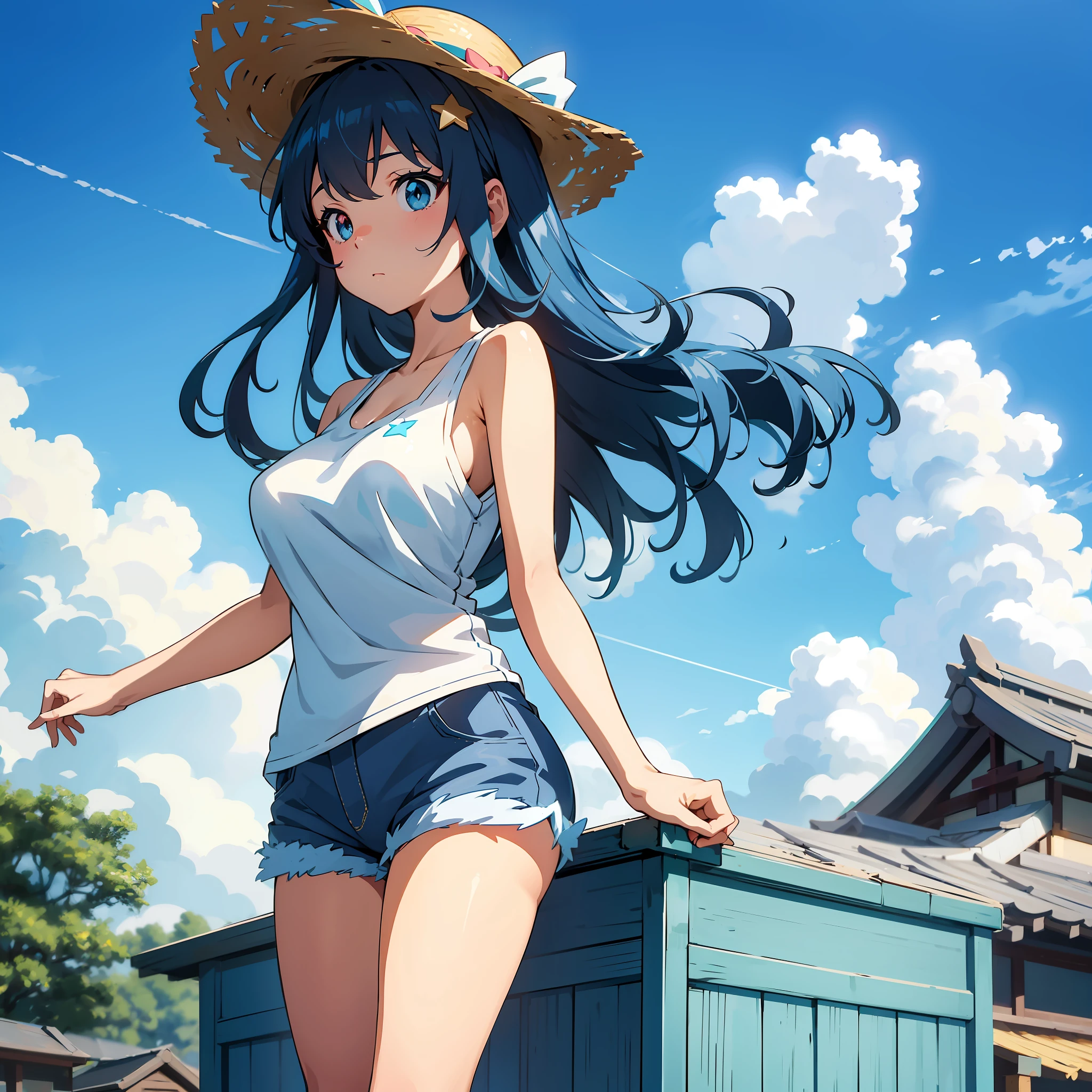 Anime illustrations in the style of "Kyoto Animation", highest quality, (cute: 1.1), (cute), (high resolution: 1.2), incredibly ridiculous: 1.3, incredibly fine illustrations, break 1 beautiful girl, Solo, (heterochromia, light blue eyes and light green eyes), silhouette of star eyes, solo, standing figure, troubled face, princess eyes, big breasts, break, left side tail, light blue hair, semi-long hair, cute star hair ornament, white tank top, blue shorts, Straw hat, wind
