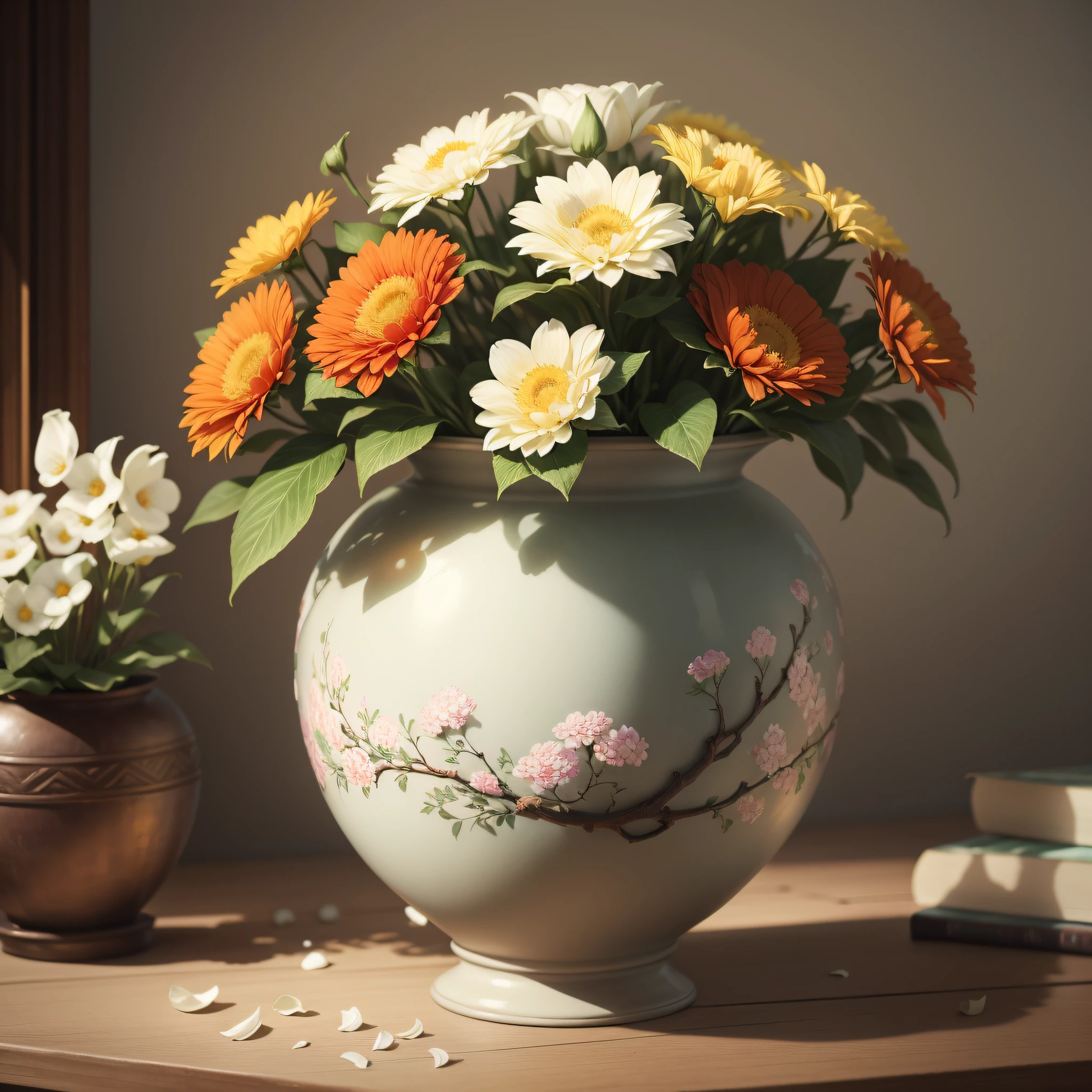 Imagine prompt: A photorealistic still life painting of a vase of flowers, with an emphasis on the intricate details of each petal and the delicate, fine texture of the foliage. Use the multi-prompt "flowers::p hotorealistic::d etails" with a prompt weight of "soft" for enfa