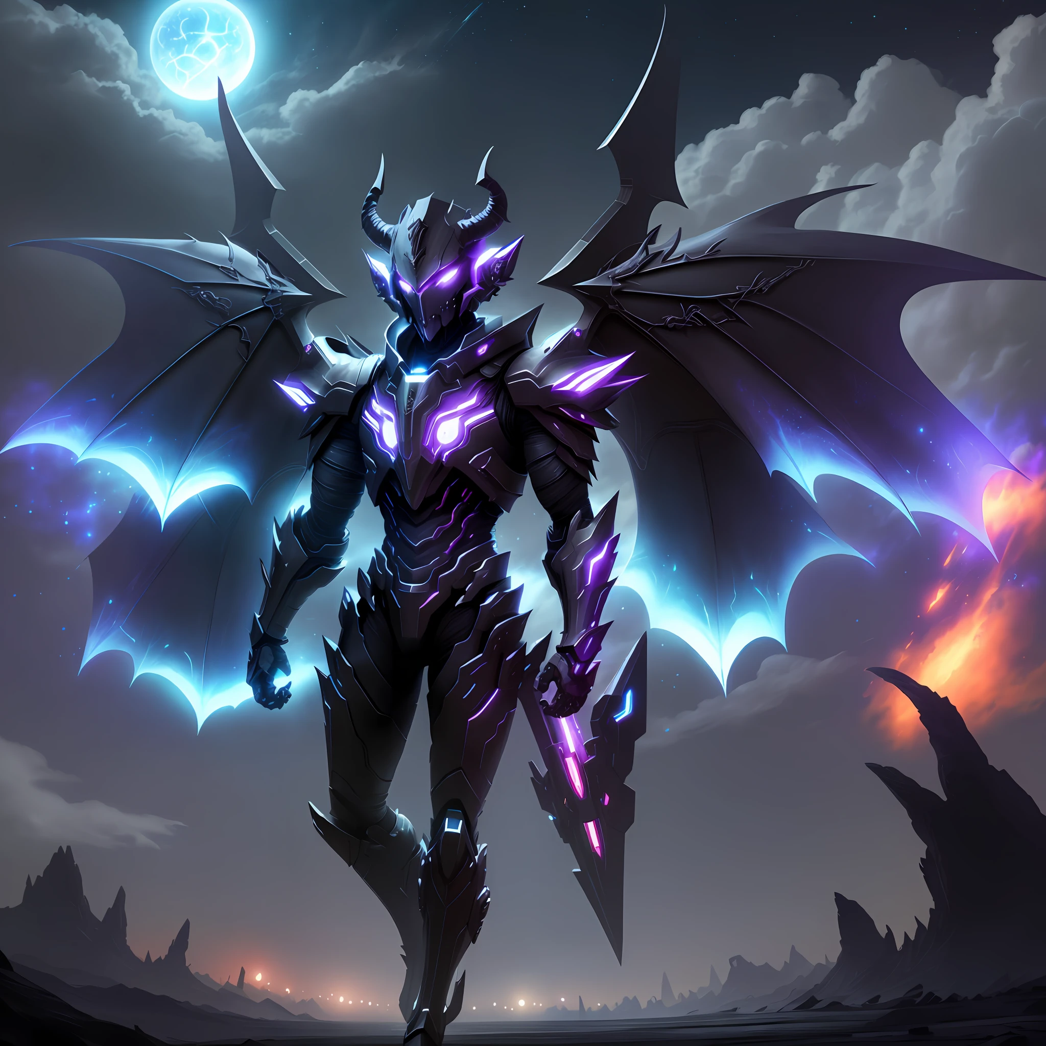 1 demon, long horns, futuristic armor, dark futuristic city, rocket wings, plasma gauntlets, night sky, bright city lights