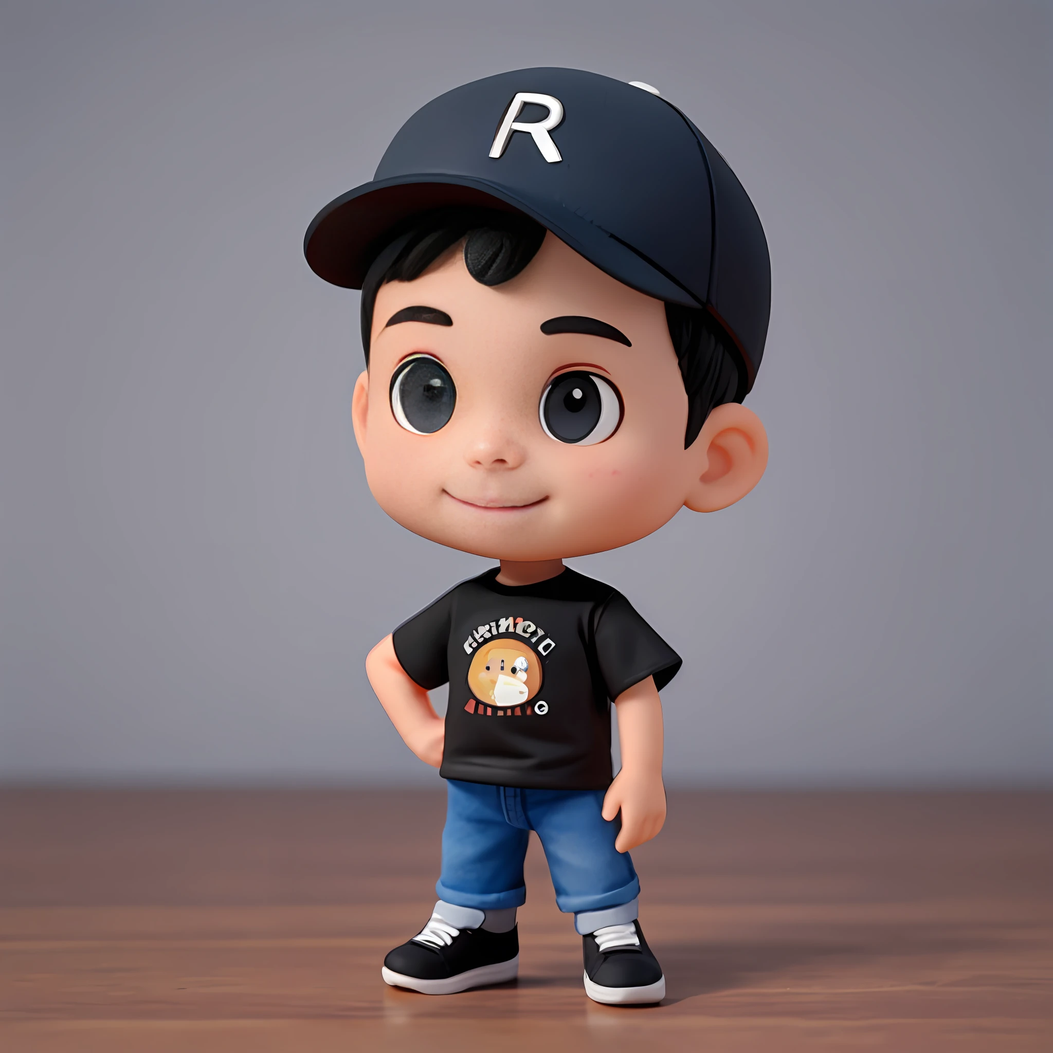 a Cute small male Fashion designer , 45-years-old, huge head, short hair, oval face，smile，fit, tall, Wearing a black baseball cap ，wearing Wear black T-shirt and dark blue jeans and black running shoes，Toy figures, best quality, 3d cartoon，full body view, fantasy, dreamlike, surrealism, super cute, trending on artstation