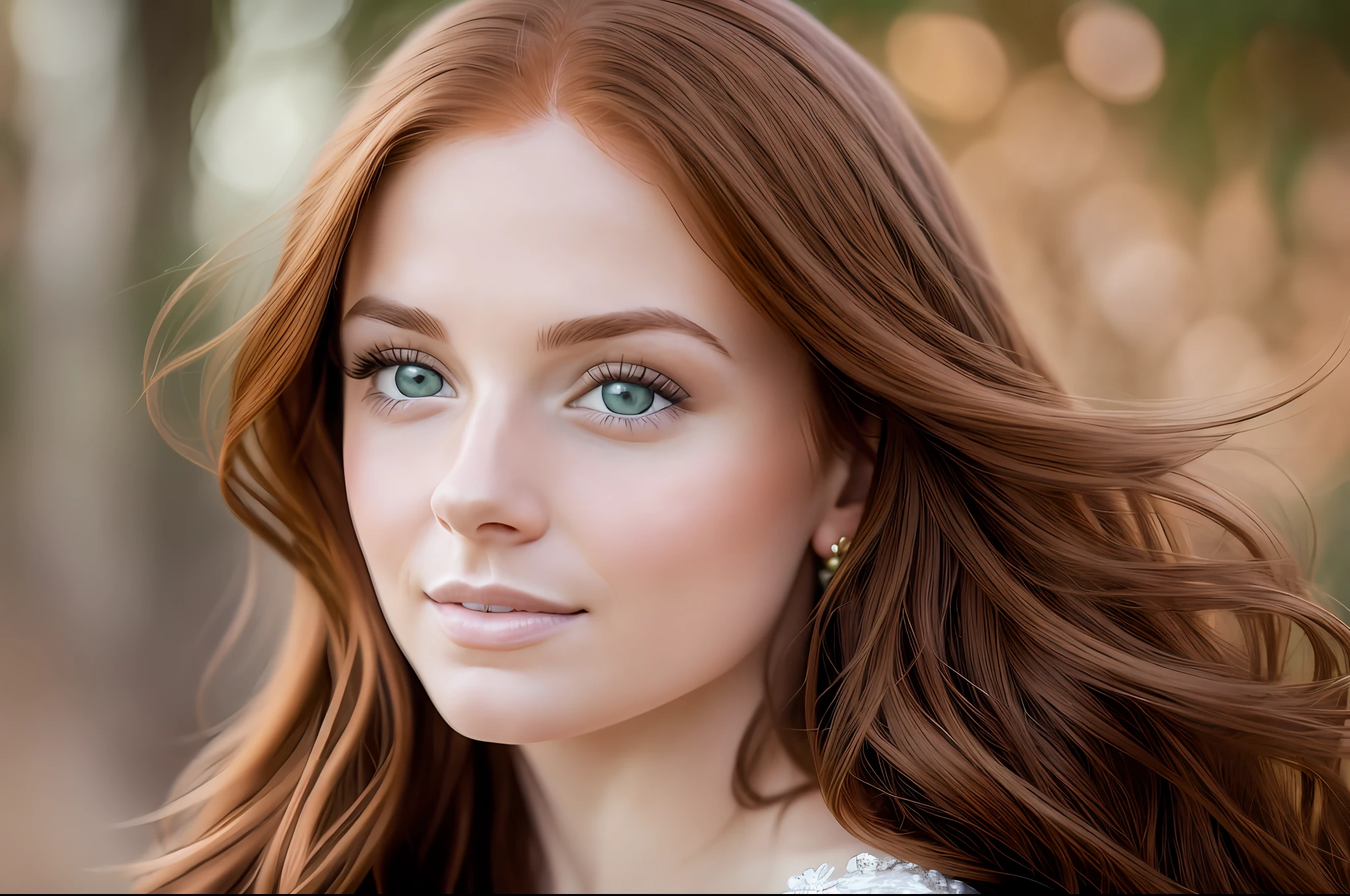 Capture a realistic portrait of a human with mesmerizing hazel eyes and flowing auburn hair. The subject is in sharp focus, surrounded by a softly blurred background. The color grading enhances warm tones and adds a touch of vintage elegance. Shot with a 50mm lens at f/2.8, ISO 200, and a time value of 1/125.