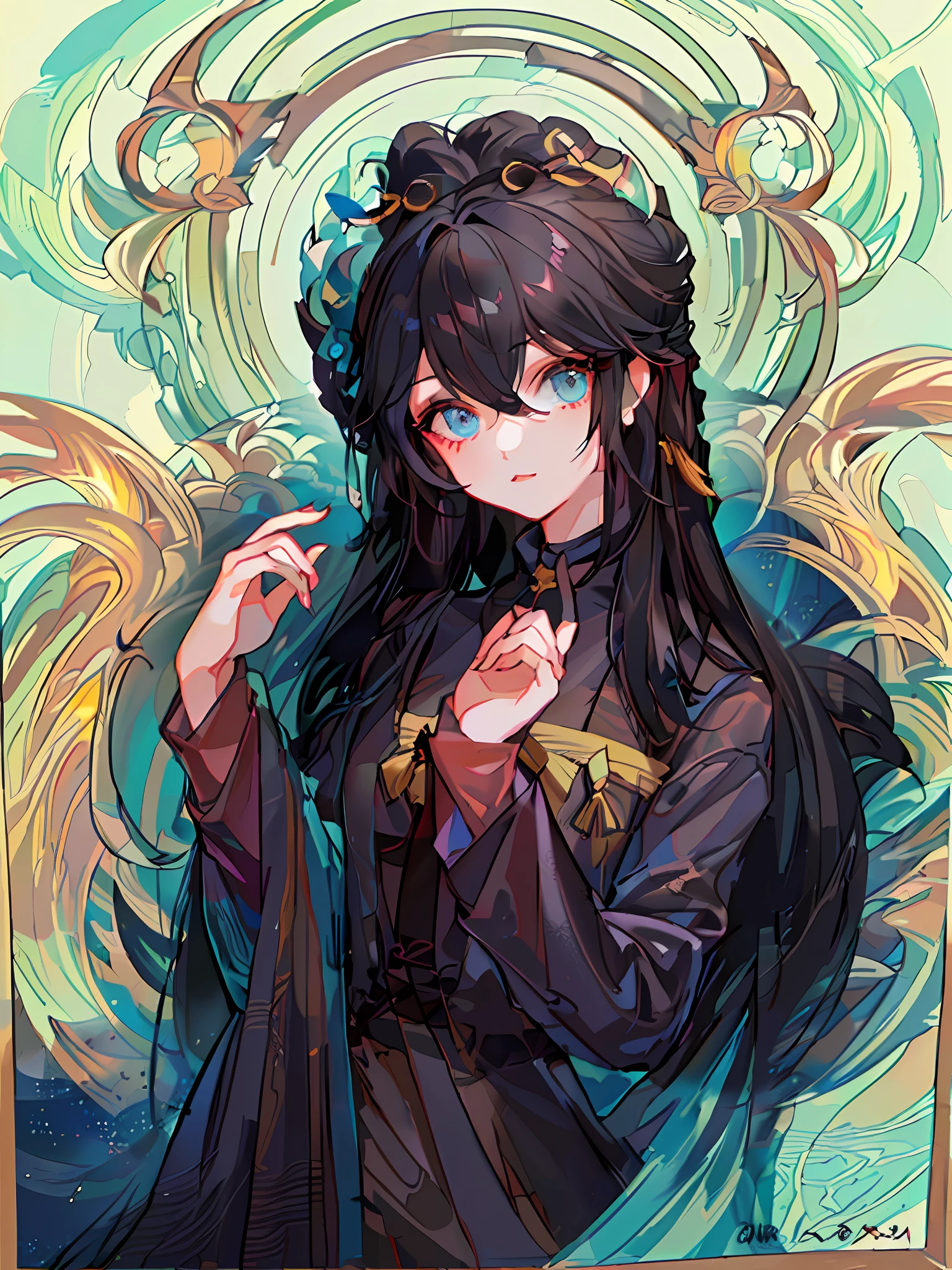 Girl, masterpiece, fashion, hanfu, medium hair, black hair, double ponytail, qi bangs, star eyes, face details x1.2