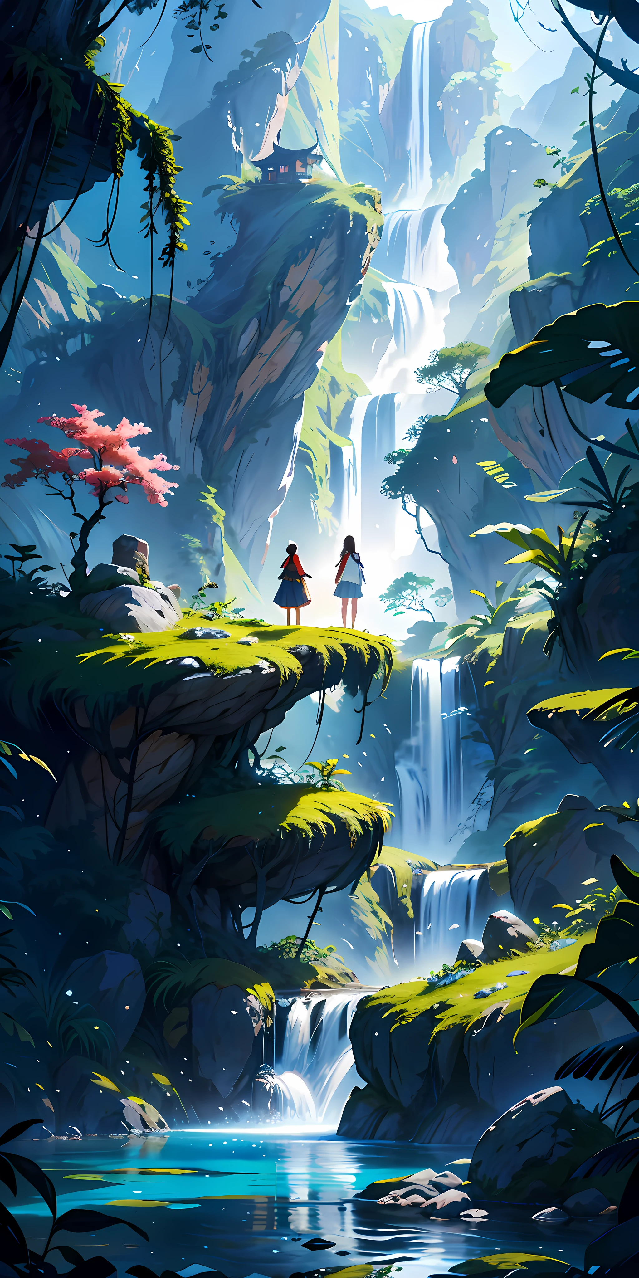Chinese ancient times, spring, jungle, lake, cave, waterfall, tree, meadow, rock, deer, hot spring, water vapor, 1 girl looking at the scene, (illustration: 1.0), epic composition, realistic lighting,Detailed,Realistic,4k highly detailed digital art,octane render, bioluminescent, BREAK 8K resolution concept art, realism,by Mappa studios,masterpiece,best quality,official art,illustration,ligne claire,(cool_color),perfect composition,absurdres, fantasy,focused,rule of thirds,