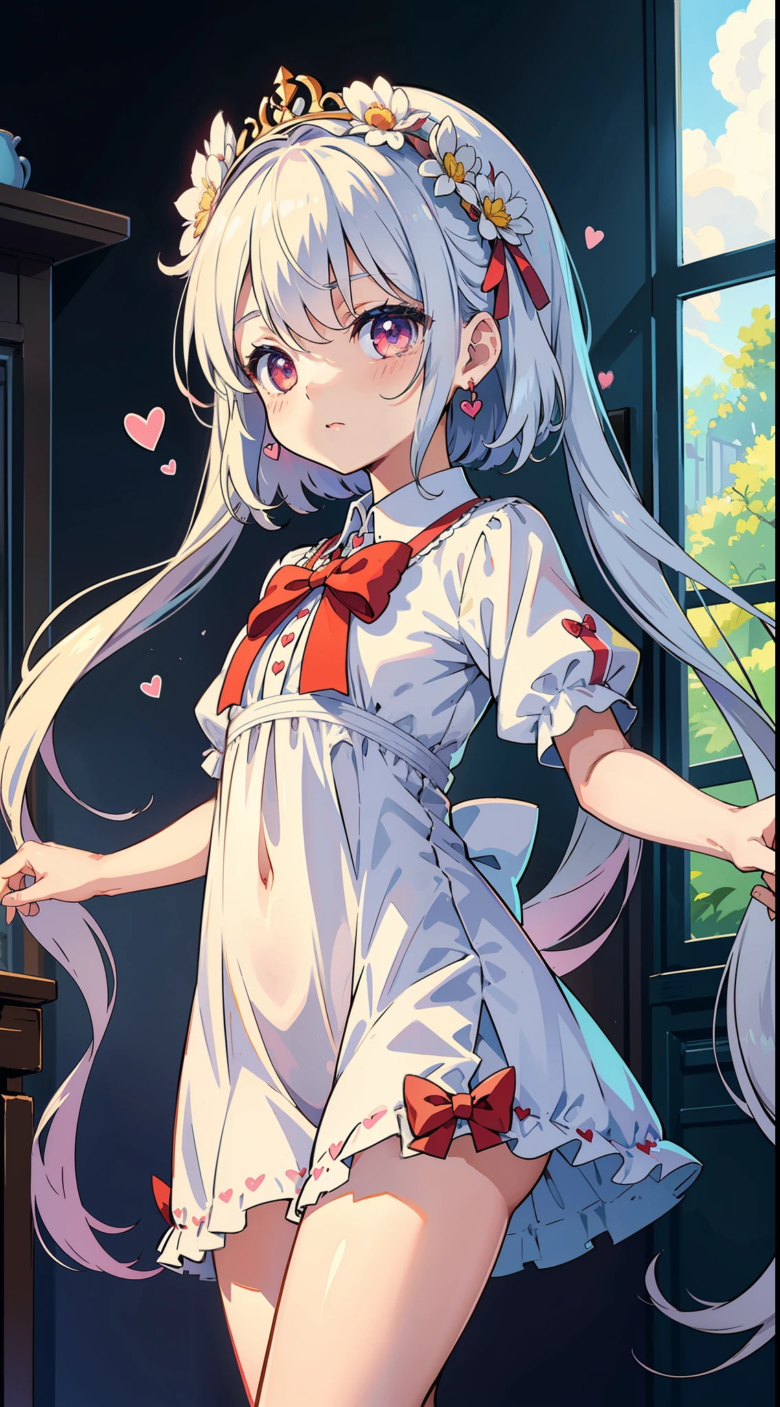(a cute little girl), long hair, (flower headdress), heart-shaped earrings, (loving eyes), innocence, short sleeves, (young), (white and tender skin), (slender body), (bow), cute cute cute, cute cute, cutest, endearing, immature cute, little girl, (small), cg, (short), (tsundere), cute cute, cute cute cute cute cute cute, moe moe, little girl, little girl, little girl, little girl, indoor, ((dress)), ((heart pupil))