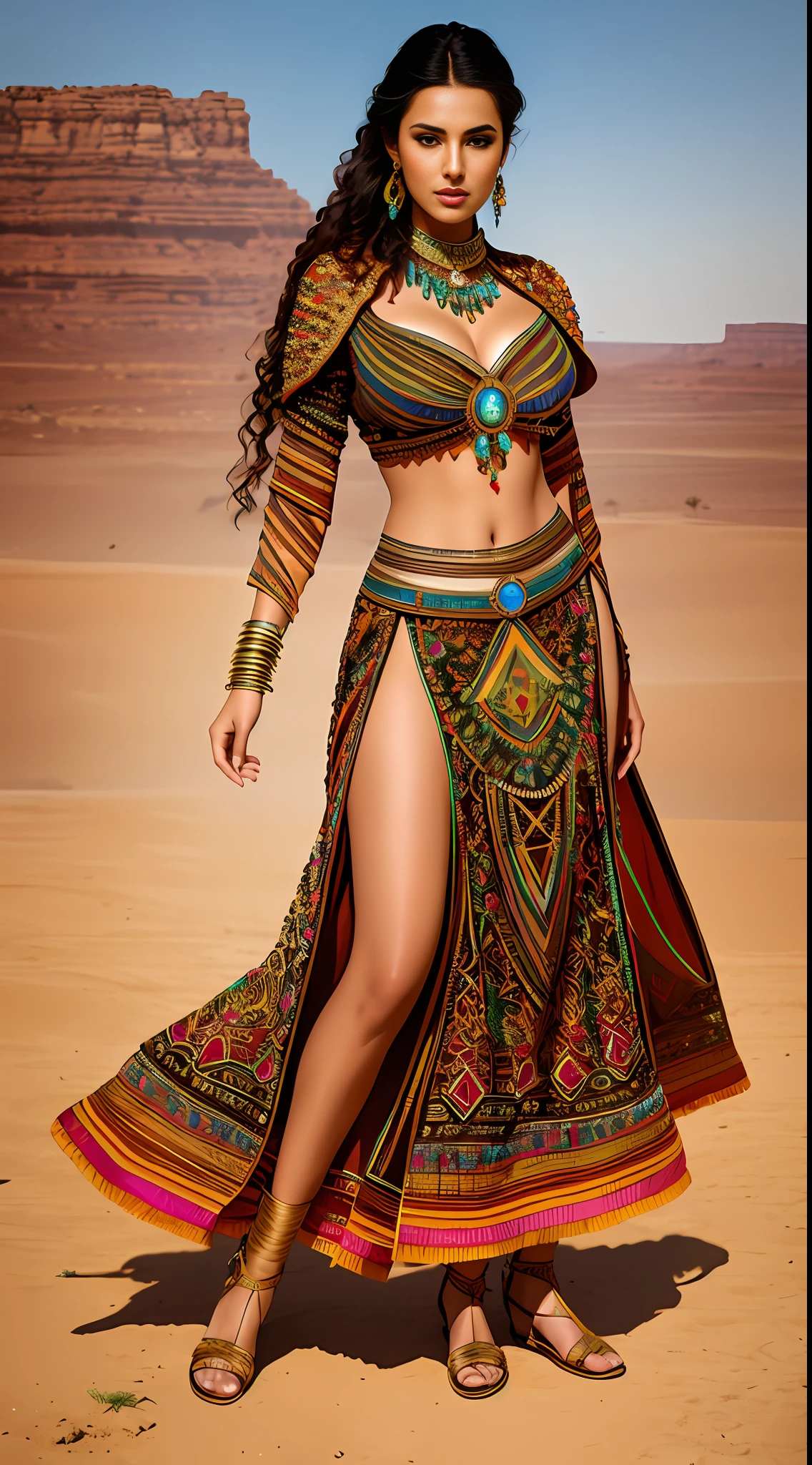 Full body photograph of the most beautiful artwork in the world, a beautiful woman in intricate costume burning in the desert, rainbow colors, ArtStation, CGSociety, complex, high detail, clear focus, dramatic, realistic pictorial art trends Greg Rutkovsky