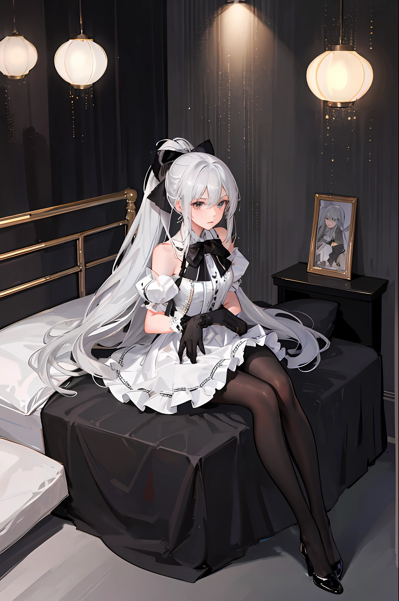 (((1 girl)),ray tracing,(dim lighting),[detailed background (bedroom)),((silver hair)),((silver hair)),(Fluffy silver hair, plump slender girl)) with high ponytail)))) Avoid blonde eyes in the ominous bedroom ((((Girl wears intricately embroidered black high-waisted pants with pantyhose) and white ruffled bow gloves), showing a delicate slim figure and graceful curves, correct limbs, sitting on the bed