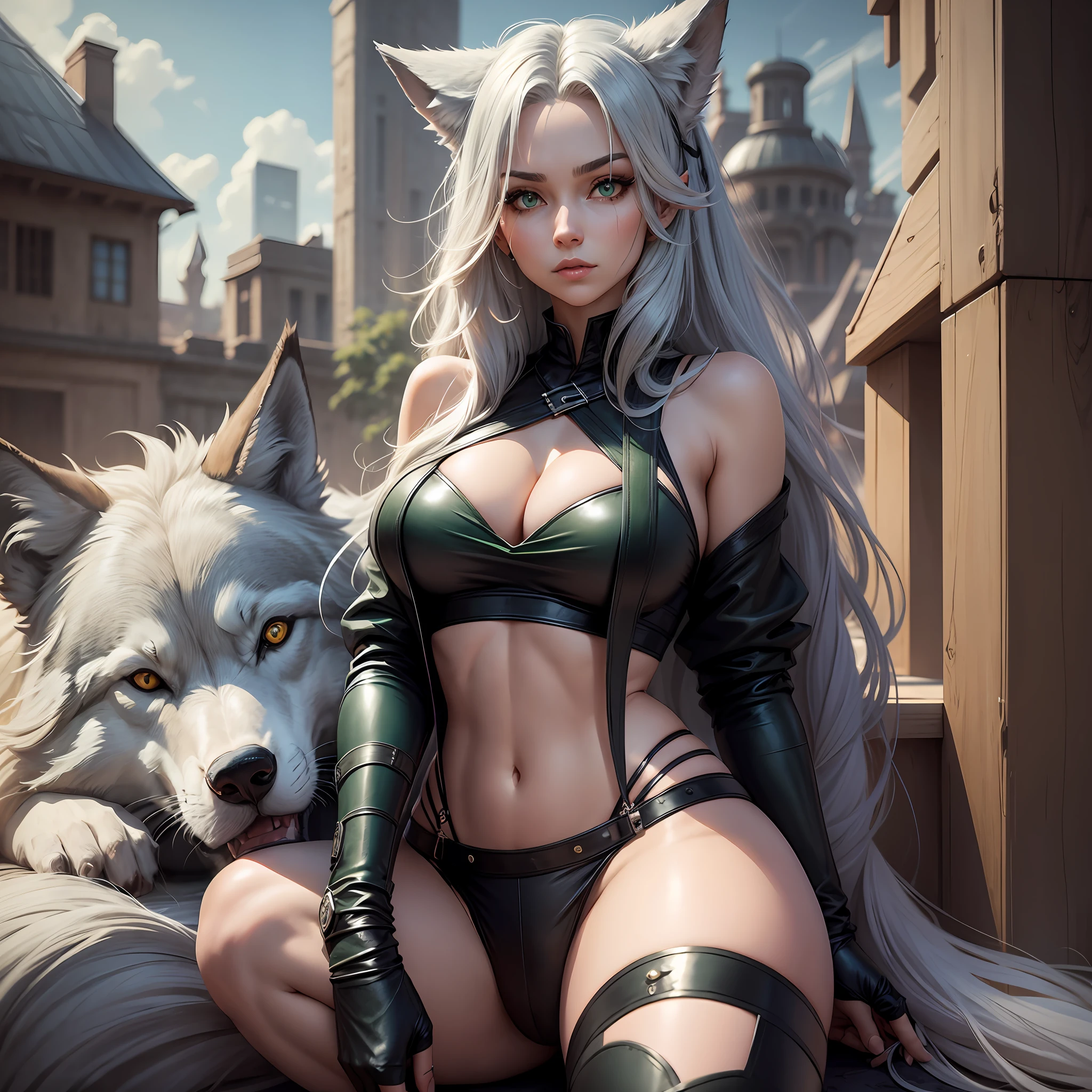A woman, hip long hair, ash colored hair, wolf's ears, wolf's tail, poison green eyes, assassin clothes, mommy vibes