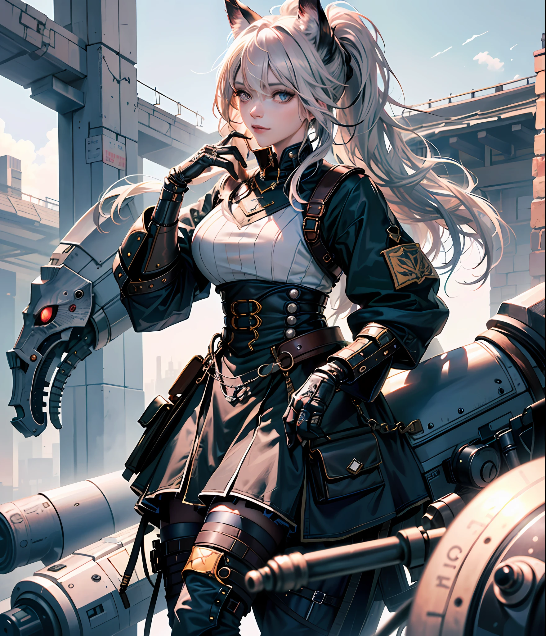 absurd, tall, ultra-detailed, 1girl, solo, extremely detailed eyes, (official art, beautiful and aesthetic: 1.2), (1girl),(1boy), extremely detailed, (fractal art: 1.3), colorful, most detailed, detailed art, ultra-detailed, 150mm analog lens, complex details, hyperrealistic, ultra-detailed, octane rendering, 8k post-production, iridescent colors, night, (realistic, photo-realistic:1.4), ((((1girl)), girl, ((black and white hair)), wolf ears, half hair black, half hair white, two-tone hairstyle, hip-high, white hair, 2 hair tones, 2 hair colors),(1boy, white hair, hairstyle ponytail, ponytail, cat ears,) mercenaries, tavern, fantasy, evil smile, voluminous soft light, lilac eyes, gray eyes, (Masterpiece, Best Quality, High Resolution: 1.4), Detailed, Complex Details, 4K, Full Height, 2 Characters