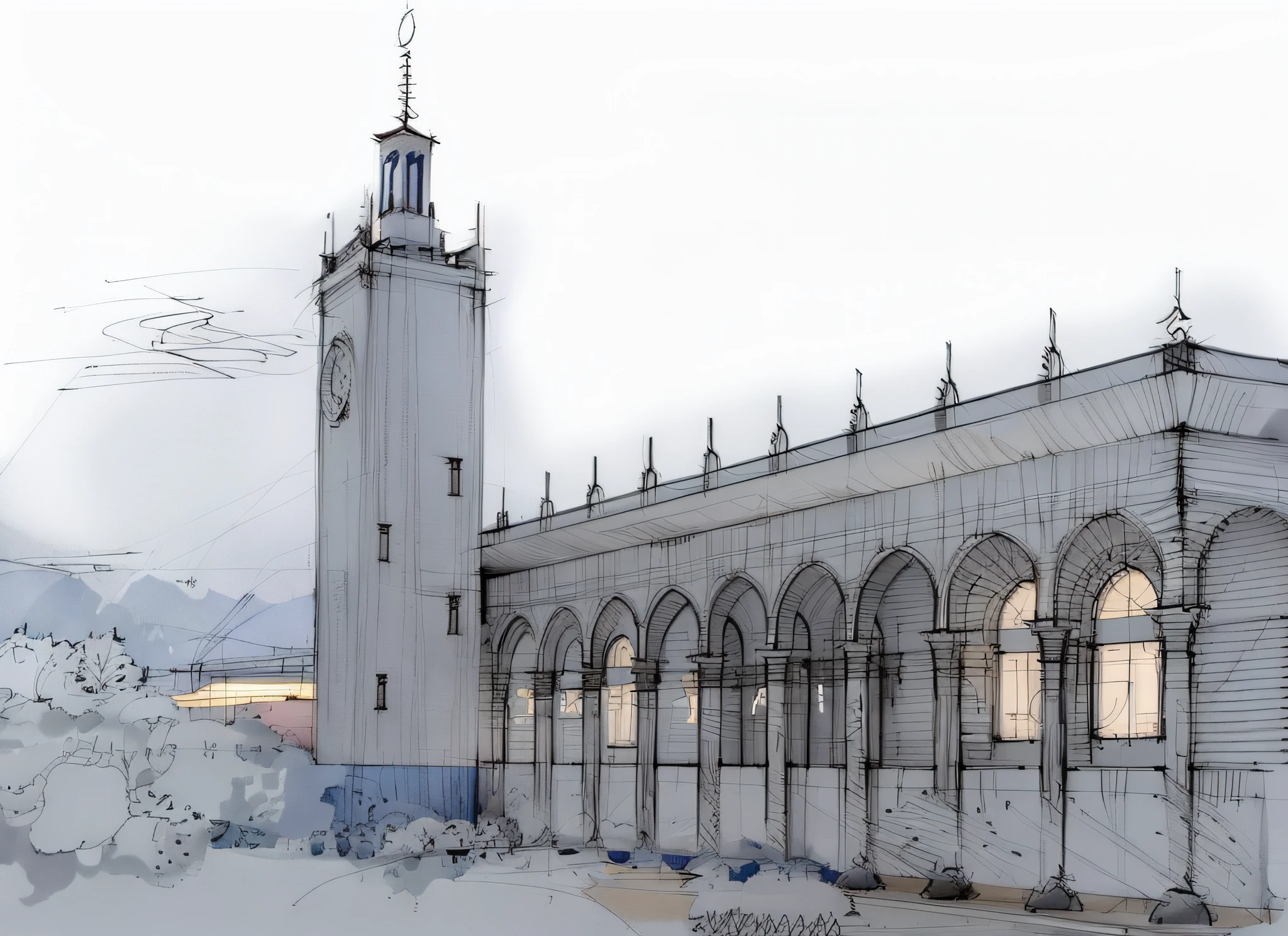 sketch, sketch, pen_sketch_style, Sochi railway station, the photo shows the station, building, beautiful high resolution, the exterior of a huge beautiful station