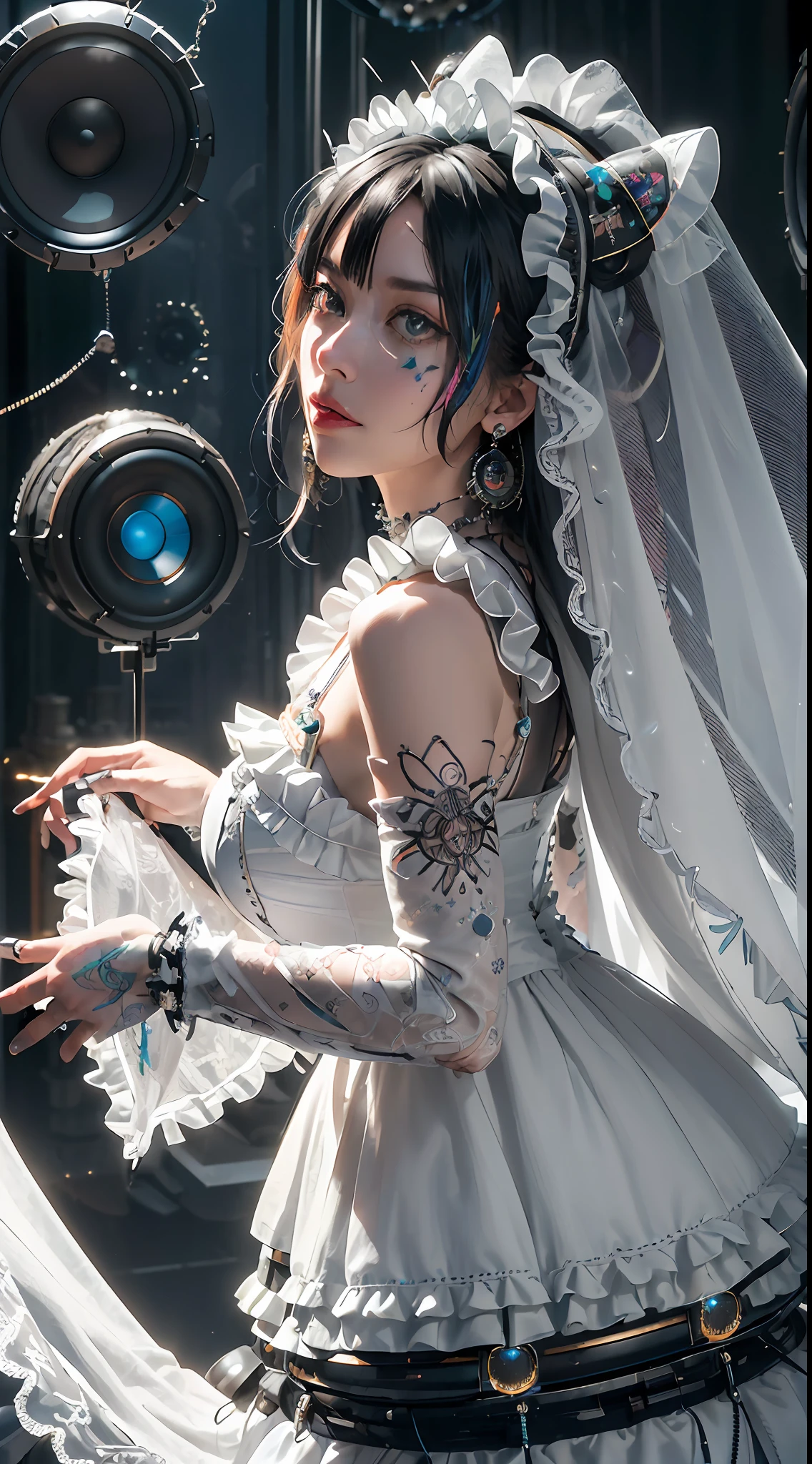 //style
(Maximalism:1.8), vivid contrast,
(typography:1.3),
BREAK

//quality and charactor
(realistic:0.5), super photo realistic illustration, highres, ultla detailed, absurdres, (action pose, open pose, full body:1.2),
extremely beautiful machine lady (decorated with many round speakers holding huge speaker:2.0), butterfly wings (decorated with many round speakers:2.0),
(composite many dense round machines:2.0),
(composite many dense round machines:2.0),
(composite many dense round machines:2.0),
BREAK

(mechanical gothic girl dress decorated many speakers and jewelries, ultra detailed embroidery dress, mechanical goth, mechanical gothic lorita, frills, frills, frills, mechanical white lace veil, gothic bonnet decorated many speakers:1.8),
(mechanical gothic girl dress decorated many speakers and jewelries, ultra detailed embroidery dress, mechanical goth, mechanical gothic lorita, frills, frills, frills, mechanical white lace veil, gothic bonnet decorated many speakers:1.8),
(mechanical gothic girl dress decorated many speakers and jewelries, ultra detailed embroidery dress, mechanical goth, mechanical gothic lorita, frills, frills, frills, mechanical white lace veil, gothic bonnet decorated many speakers:1.8),
BREAK

(holding many composite mechanical round speakers and woofers, huge heavy weapons:2.0), 
(holding many composite mechanical round speakers and woofers, huge heavy weapons:2.0), 
(holding many composite mechanical round speakers and woofers, huge heavy weapons:2.0), 
BREAK

beautiful long hair blowing in air, hair ornaments with jewelries and light chains,
amethyst, lapis lazuli, emerald, turquoise, sapphire, topaz,
(from side:1.3),

//emotion
(god bless you:1.5),
compassionate expression, empathetic, caring, kind,
content expression, satisfied, pleased, gratified,
thoughtful expression, pensive, reflective, contemplative,
determined expression, resolute, purposeful, firm,
anxious expression, worried, uneasy, apprehensive,
BREAK

//background
(white