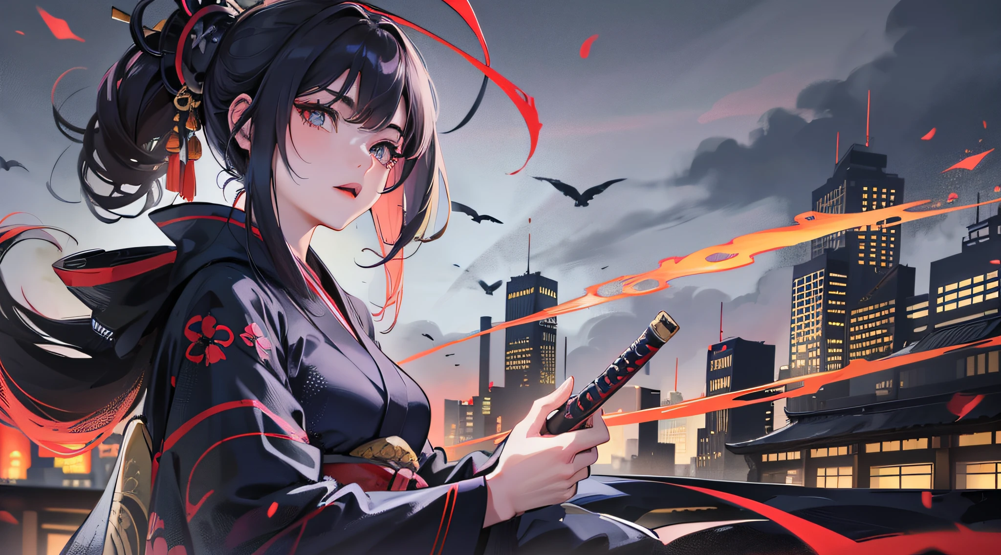 Best Quality, 8K, One Beauty, Detailed Face, Fusion of Kimono and Western Clothes and Ninja Clothes, Holding a Katana, Dark Part with Fusuma and Tatami Mats, Candlelight, World of Blade Runner, Fusion of Kyoto Cityscape and Buildings, Future 200 Years Later, Dark Image, Night Landscape, Mist, Rain, Two Moons, Sitting auto --s2