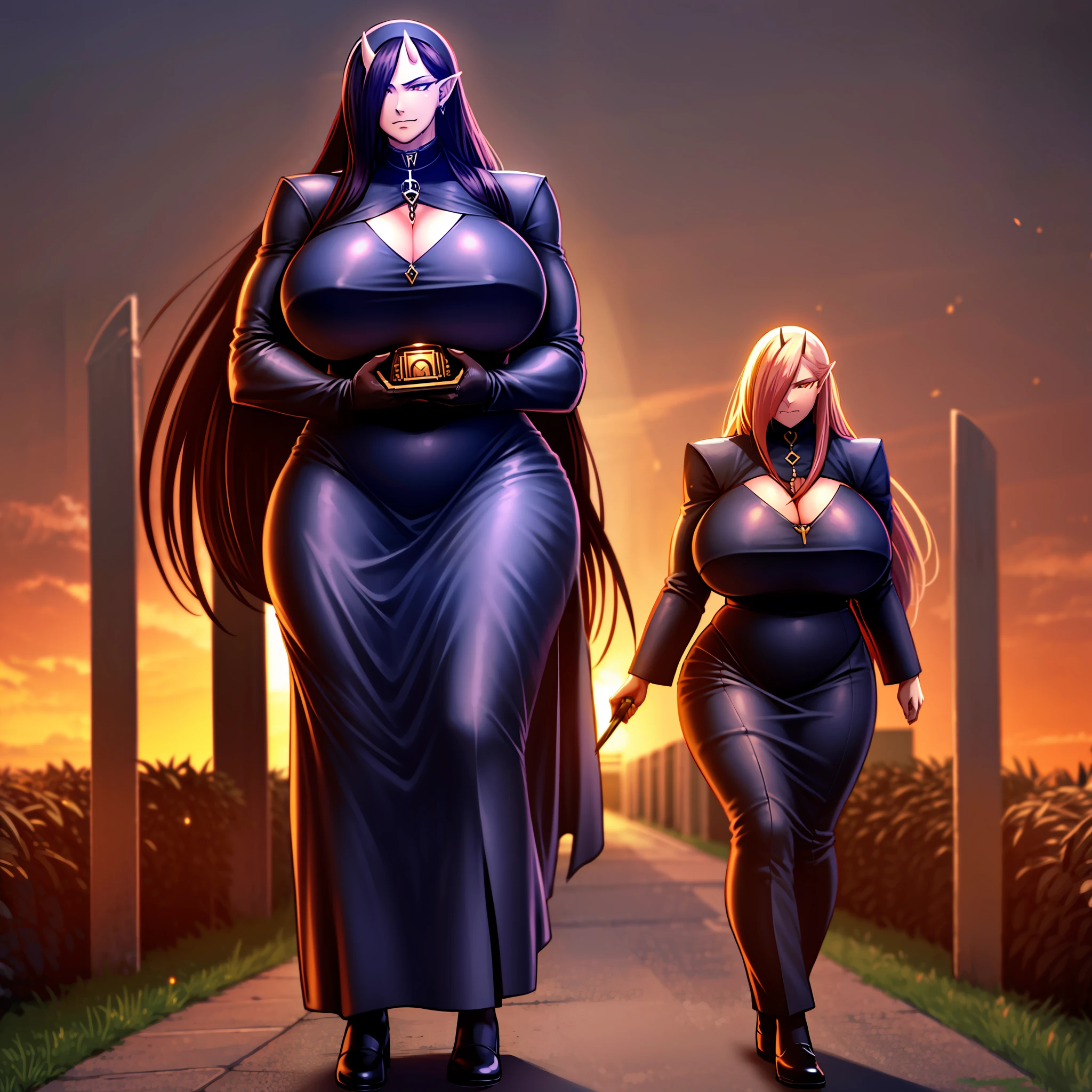 Gothic, huge chest, tall woman, curved, demon girl, long hair, christian,alone,catholic, latin cross,, forest city, plants, walking