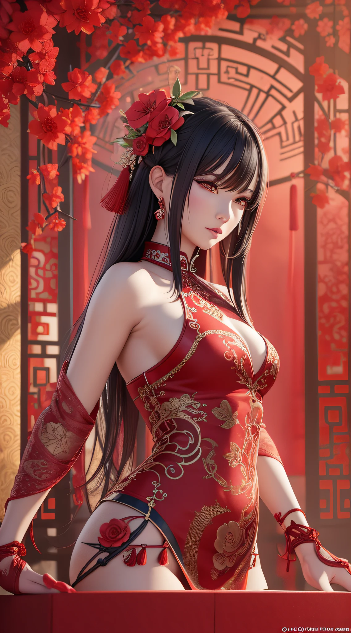 A red flower, Chinese New Year atmosphere, Chinese red, intricate gorgeous anime CGI style, 4 K detail fantasy, high detail iconic characters, beautiful biomechanics, complex fantasy characters, high detail and very sharp, intricate artwork. Octane rendering, 3 D rendering character art 8 K