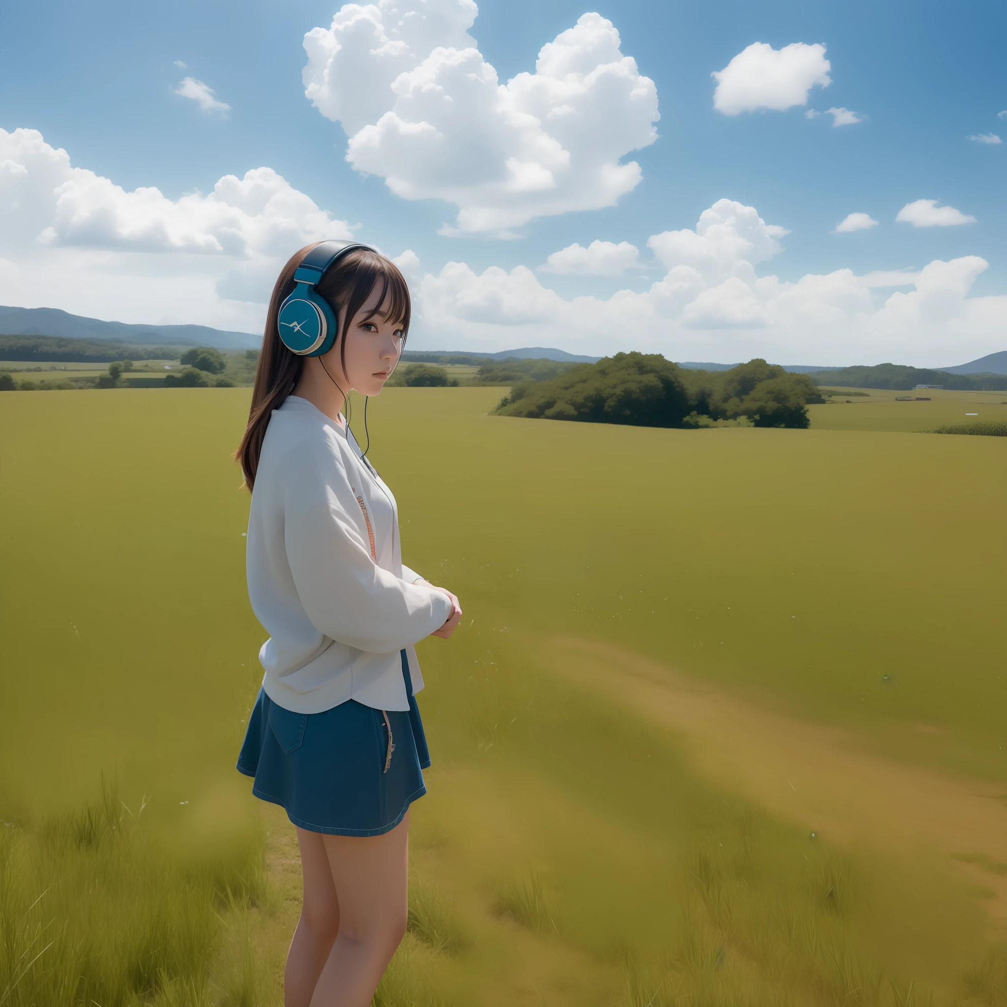 an anime girl wearing headphones and standing in a field, in the style of realistic hyper-detailed portraits, cabincore, earthy colors, ambitious, dinopunk, atmospheric clouds, bold, manga-inspired characters