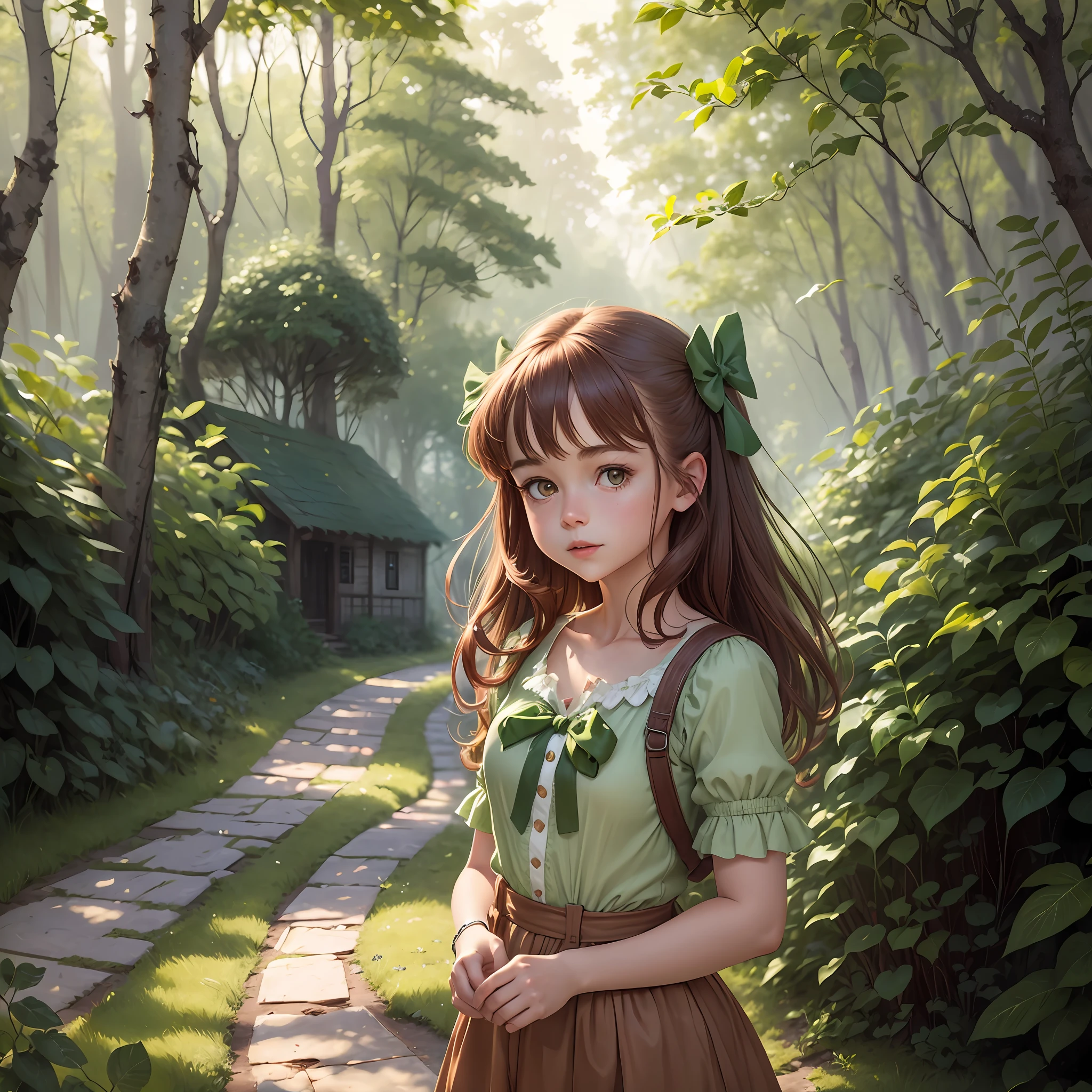 charming girl named Sophie, with brown hair and bright eyes., Dressed in a greenish top, shorts and a bow to match the outfit. She was very excited, for she had planned a visit to her dear Aunt Lucy, who lived in a small secluded house in the endless forest.   puts a squirrel in the girl's hand --auto --s2