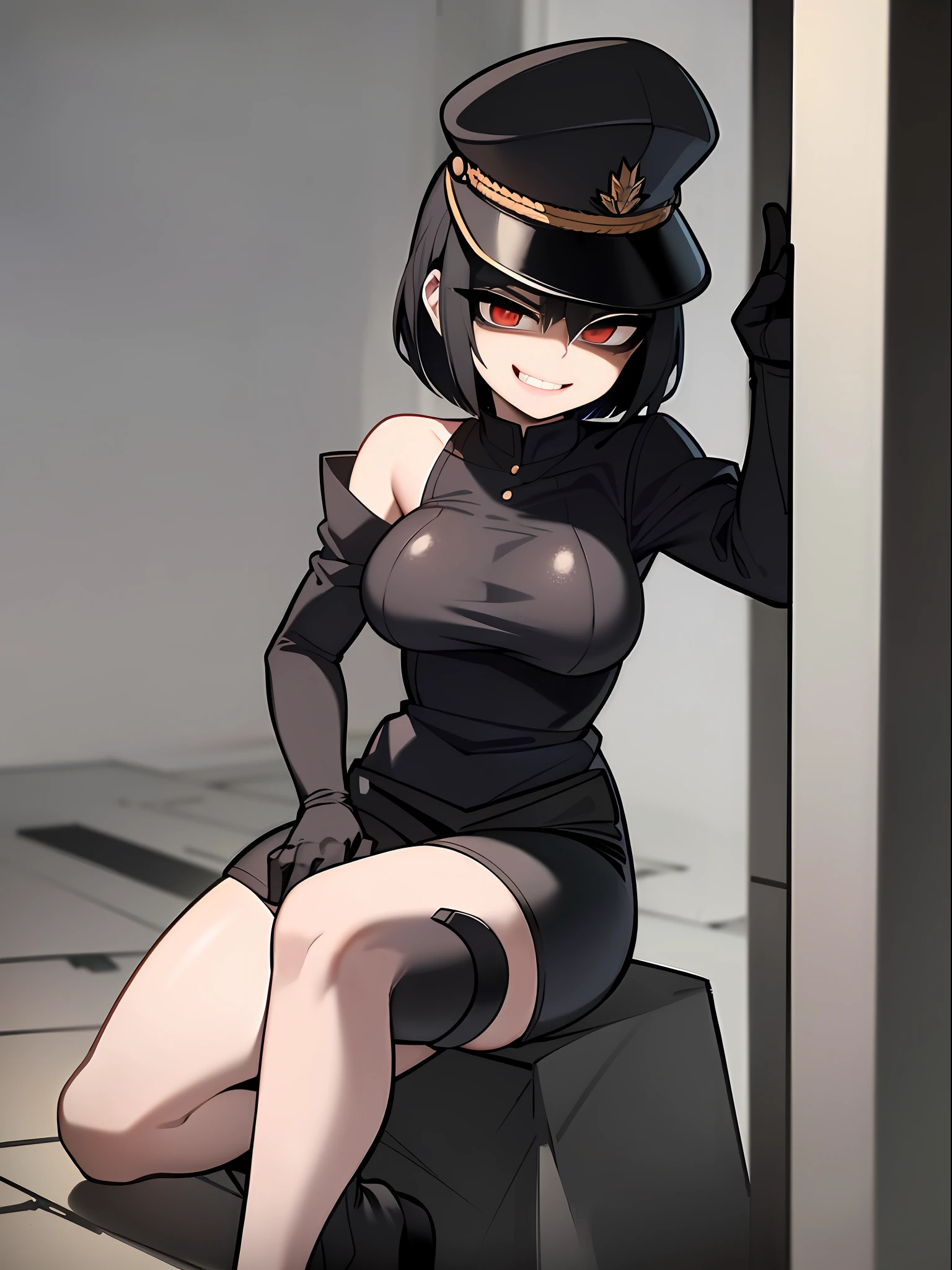 ((Masterpiece, top quality, super definition, ultra definition)), Solo, (Full body), ((27-year-old goth woman in German official black leather uniform)), ((wearing a black army leather hat)), ((Clear expression of body unevenness)), looking at the camera, (sitting with her back to the wall and bent knees), female body, (breasts to show (covered nipple)), ((nipple lozenges): 1.5), ((absurdly large breasts)), red eyes, ((black hair bob)), horizontal seat, yandere, (strong makeup), constricted pupils, black pupils, (detailed hands), ((tall woman)), ((sadistic smile)), sharp focus, dynamic angle, deep shadows, simple background