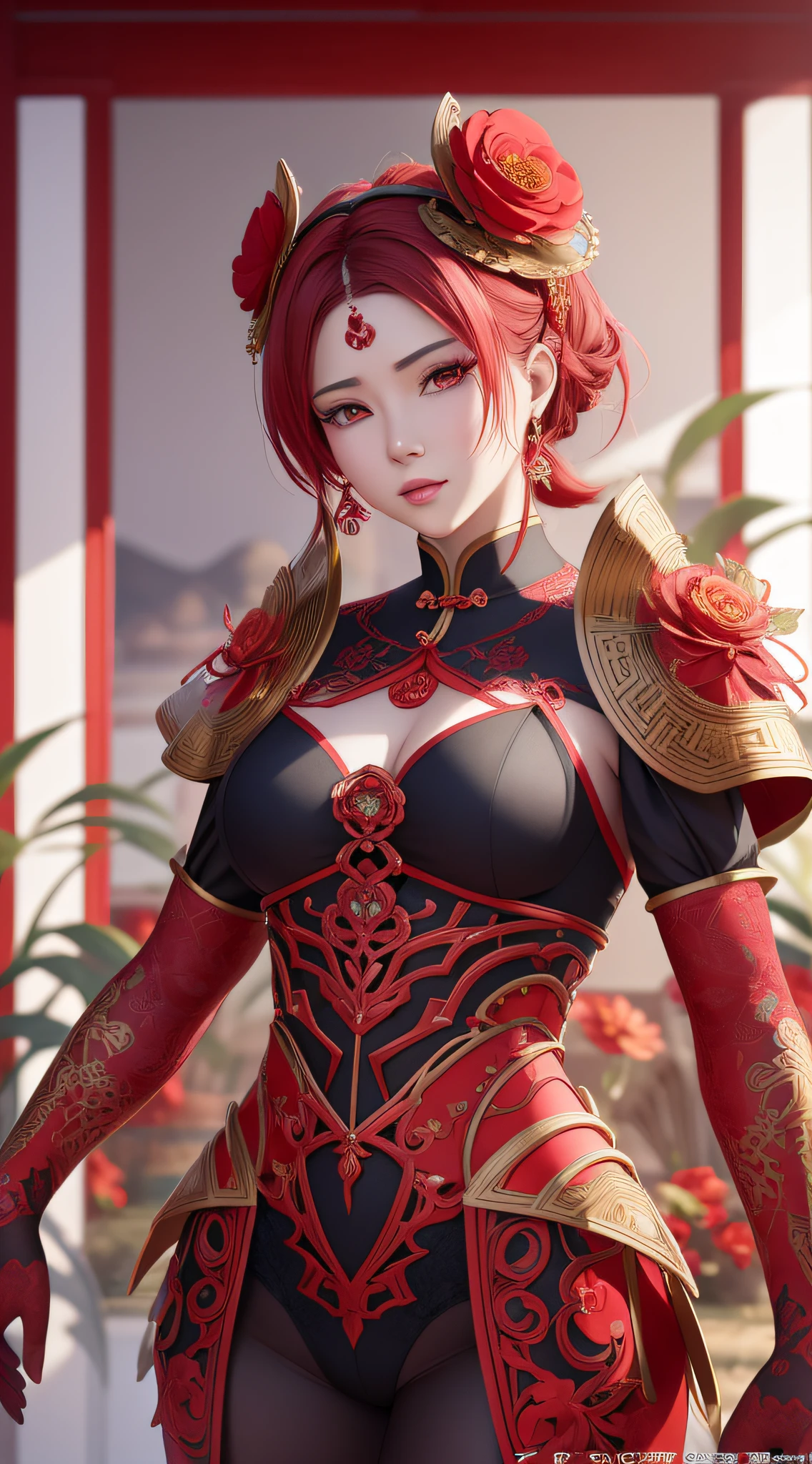 A red flower, Chinese New Year atmosphere, Chinese red, intricate gorgeous anime CGI style, 4 K detail fantasy, high detail iconic characters, beautiful biomechanics, complex fantasy characters, high detail and very sharp, intricate artwork. Octane rendering, 3 D rendering character art 8 K