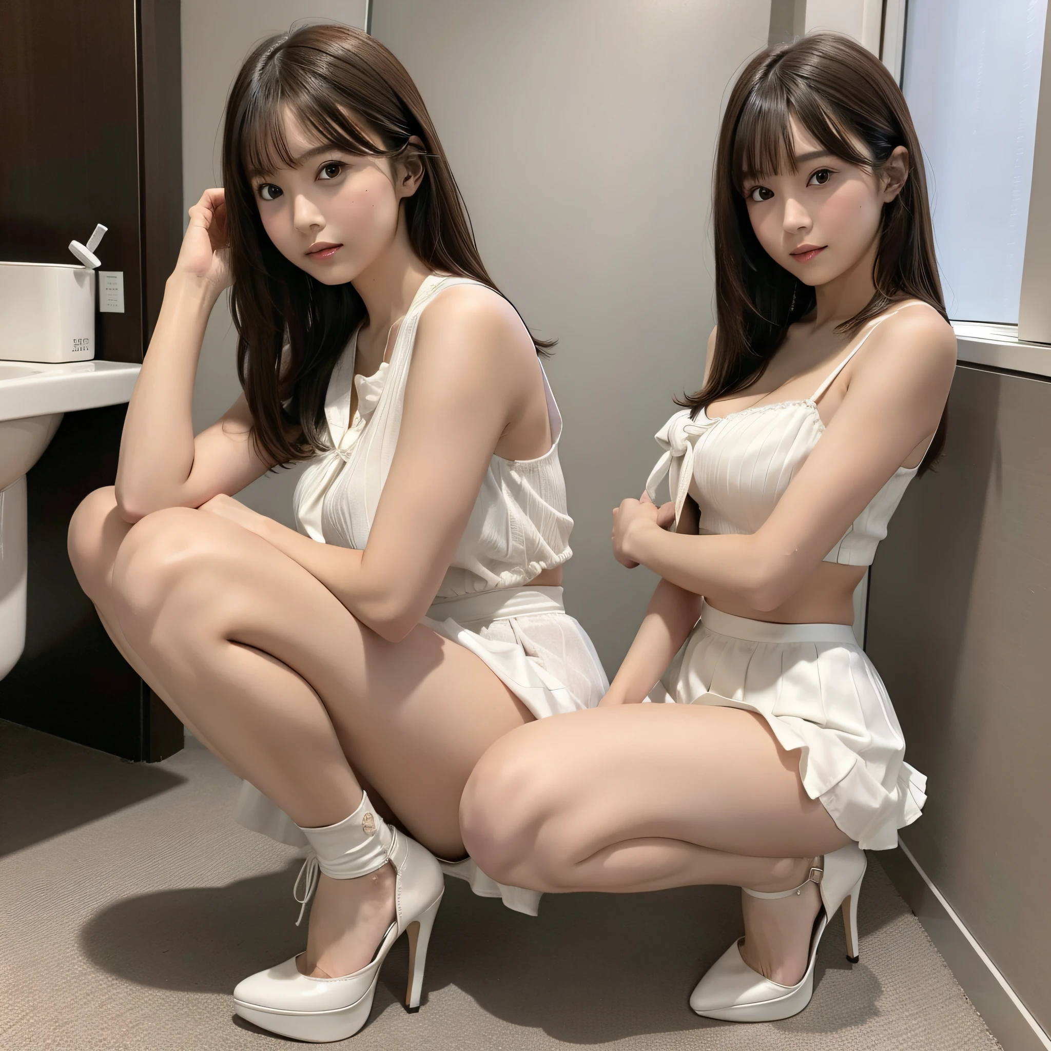 masterpiece, best quality, 1girl, young, brown eyes, long brown hair, (nice leg line: 1.3), thin waist, medium breasts, this period, wearing a feminine pad, drops of menstrual blood leaking from the pad, transparent panties, white pleated skirt dress, tie, high heels, bathroom, depth of field, looking at the viewer, squat, back, full body, legsupsex