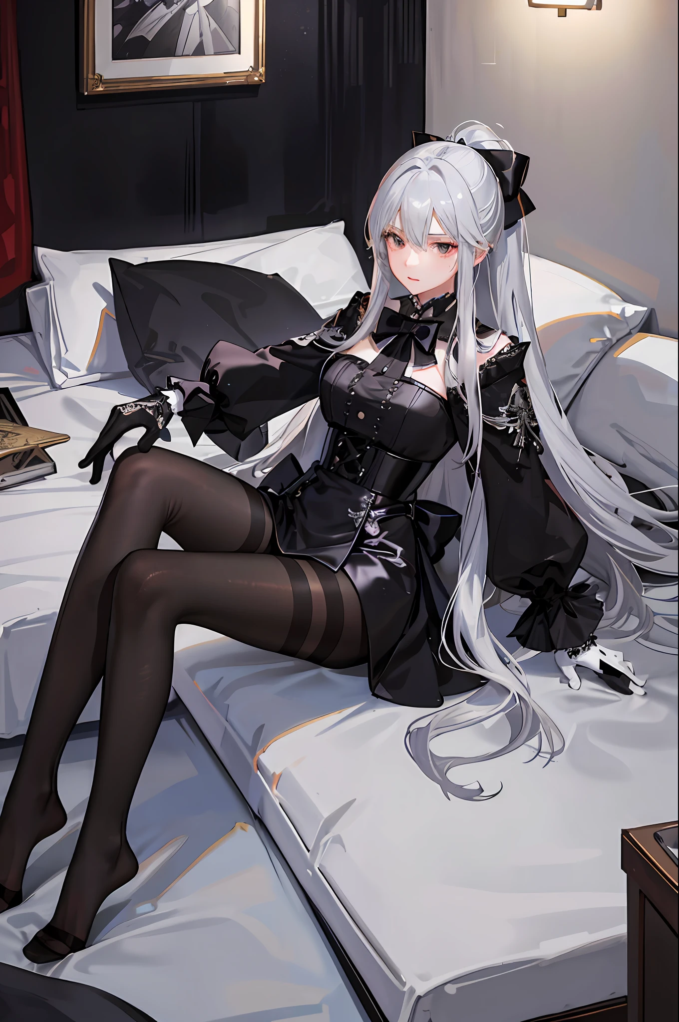 (((1 girl)),ray tracing,(dim lighting),[detailed background (bedroom)),((silver hair)),((silver hair)),(Fluffy silver hair, plump slender girl)) with high ponytail)))) Avoid blonde eyes in the ominous bedroom ((((Girl wears intricately embroidered black high-waisted pants with pantyhose) and white ruffled bow gloves), showing a delicate slim figure and graceful curves, correct limbs, sitting on the bed