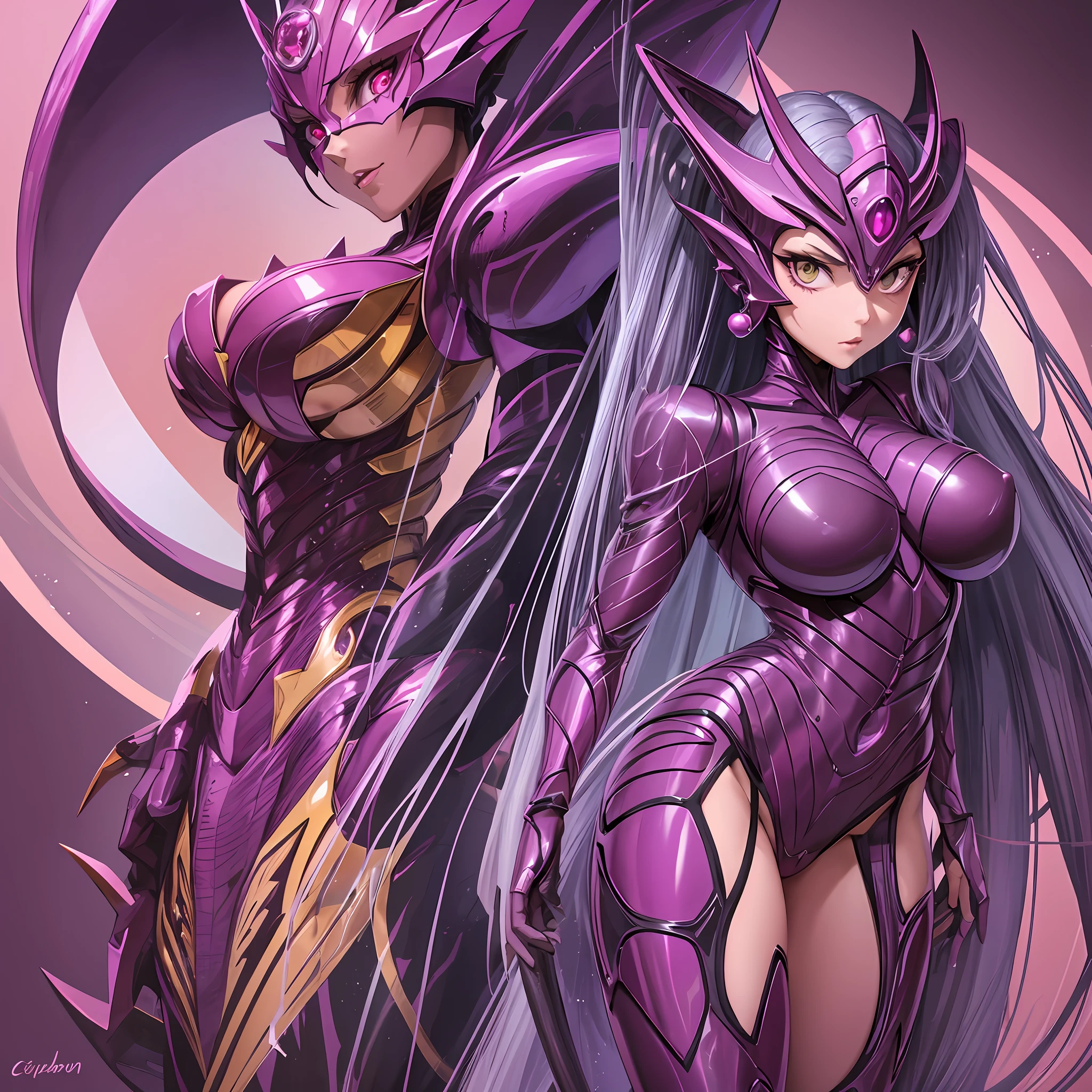 Cartoon pictures of women in purple and crimson costumes, hot insect humanoid women, Guyver style, NSFW version, scaraber reploid, tail, cel shade adult animation, alien queen, serpentine pose, --auto --s2