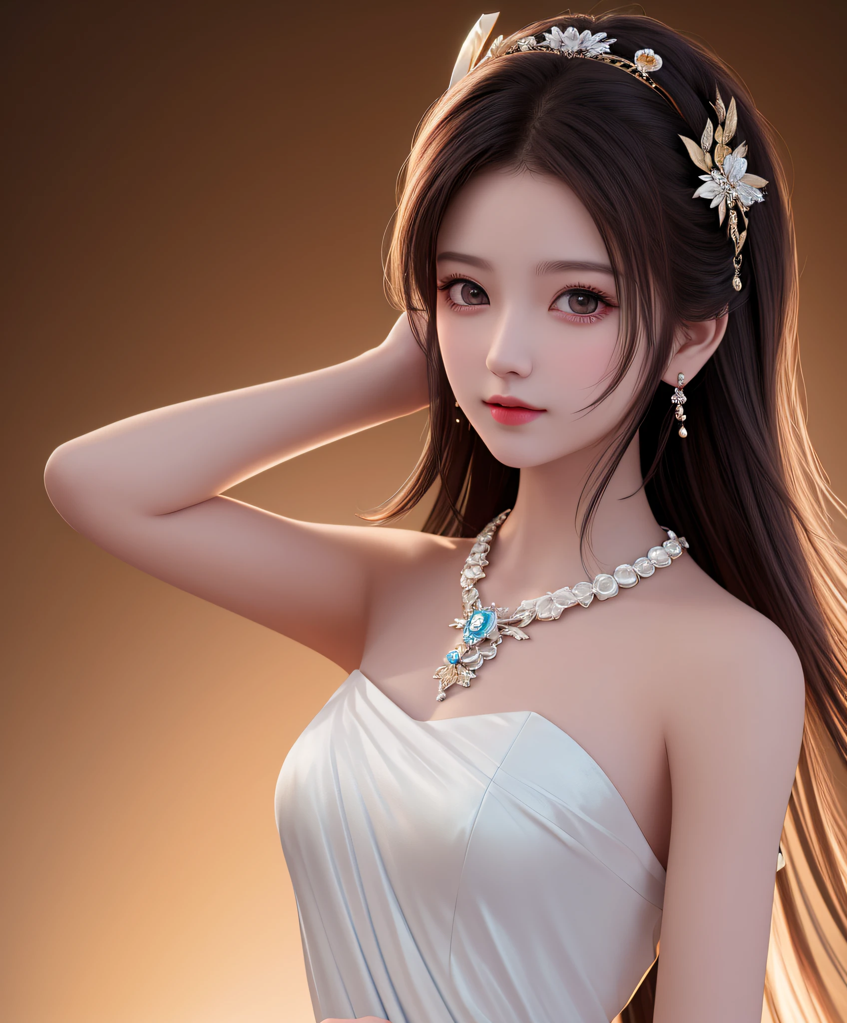 Best quality, masterpiece, high resolution, 1girl, porcelain dress, hair accessories, necklace, jewelry, beautiful face, on the body, Tyndall effect, realistic, dark studio, edge lighting, two-tone lighting, (high detail skin: 1.2), 8k UHD, dslr, soft light, high quality, volumetric light, candid, photo, high resolution, 4k, 8k, background blur,