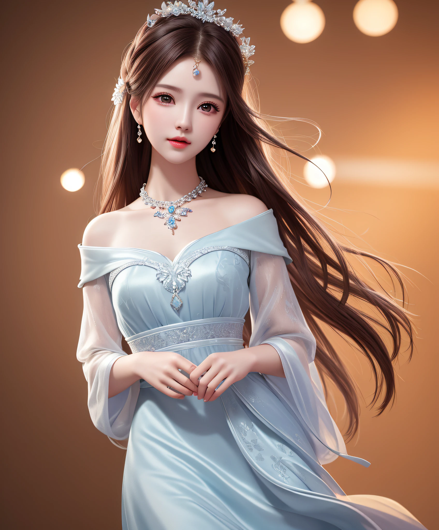 Best quality, masterpiece, high resolution, 1girl, porcelain dress, hair accessories, necklace, jewelry, beautiful face, on the body, Tyndall effect, realistic, dark studio, edge lighting, two-tone lighting, (high detail skin: 1.2), 8k UHD, dslr, soft light, high quality, volumetric light, candid, photo, high resolution, 4k, 8k, background blur,