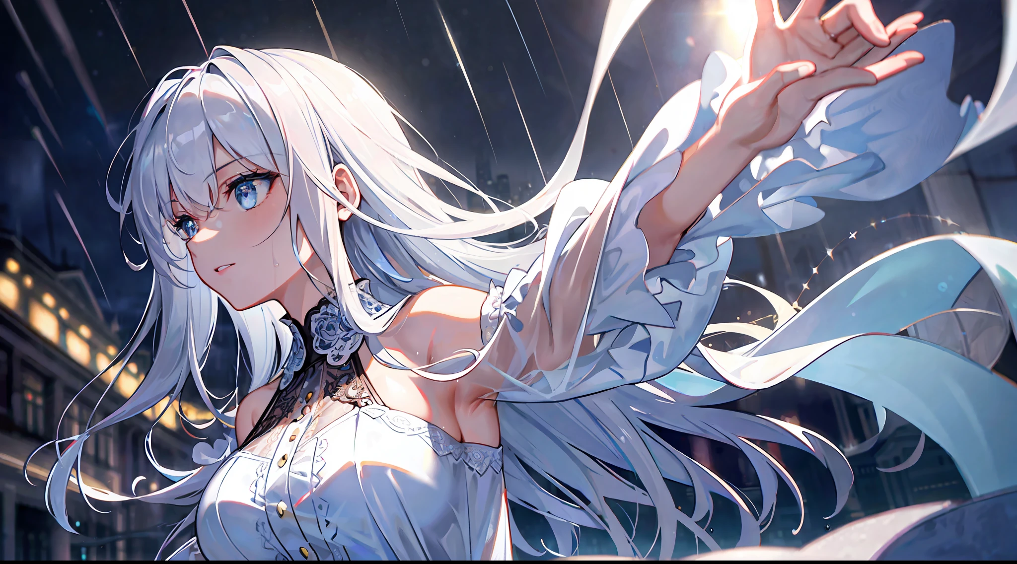 (masterpiece:1.21), (best quality:1.331), (ultra-detailed), (extremely best illustration), ((amazing)), (hyper quality), gorgeous and rich graphics, (extremely beautiful and beautiful:1.21), 8k, wallpaper, (beautiful lighting), bright light, detailed composition, ( Perfect Composition), (Extremely Beautiful Detailed Background: 1.21), Rembrandt style expression of light and shadow, Dark tones, (Low key and high variance color scale), ((Depth of field)), Deep shadows, Dynamic angles, From the side, upper body, Radial blur, Rain, (City lights, blurred background), (1girl), (Beautiful detailed eyes), Clear blue eyes, Long silver French braid, transparent raincoat, wet lace dress, wet skin and wet hair, lens flare, string lights, street, masterpiece, best quality, bare shoulders, bare breasts, big breasts