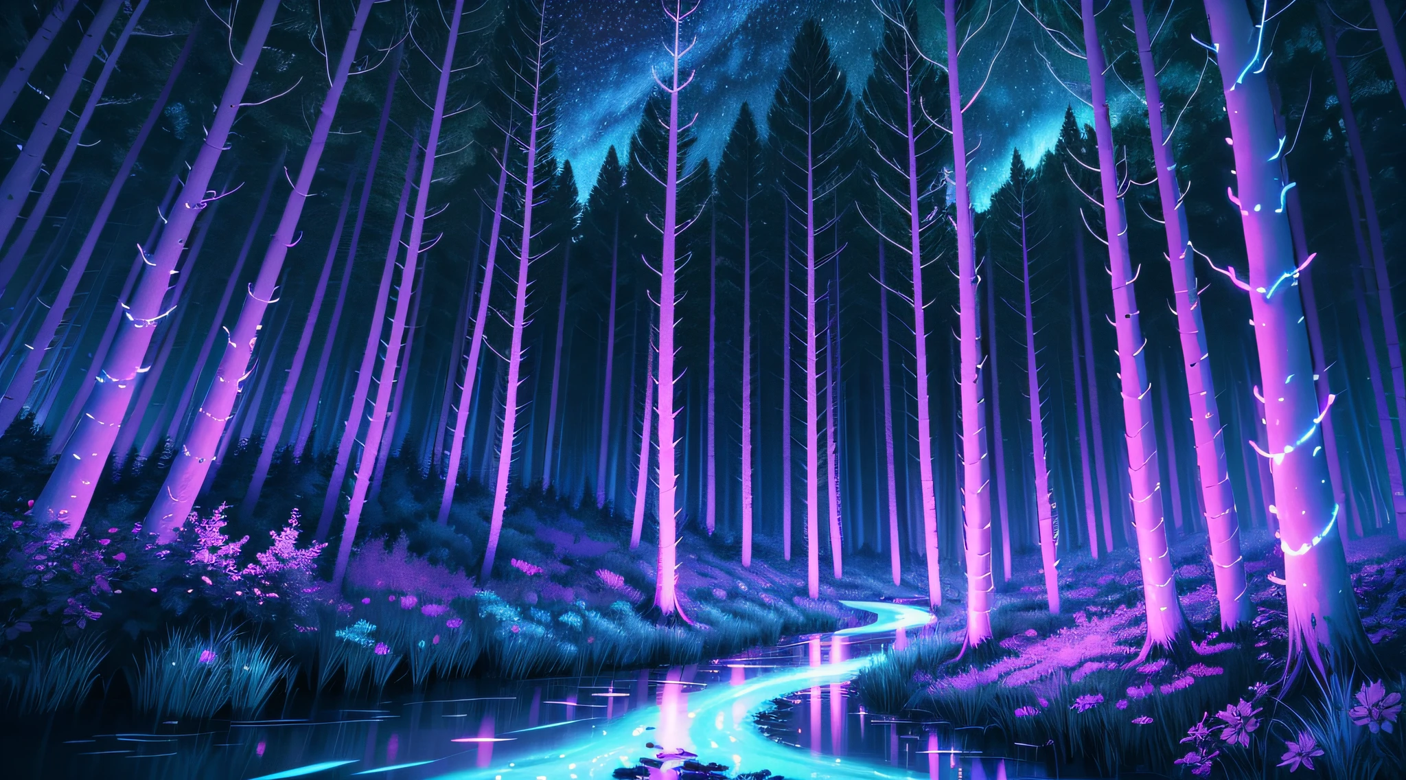 neon forest, illuminated forest, streams, mountains, starry sky --auto --s2