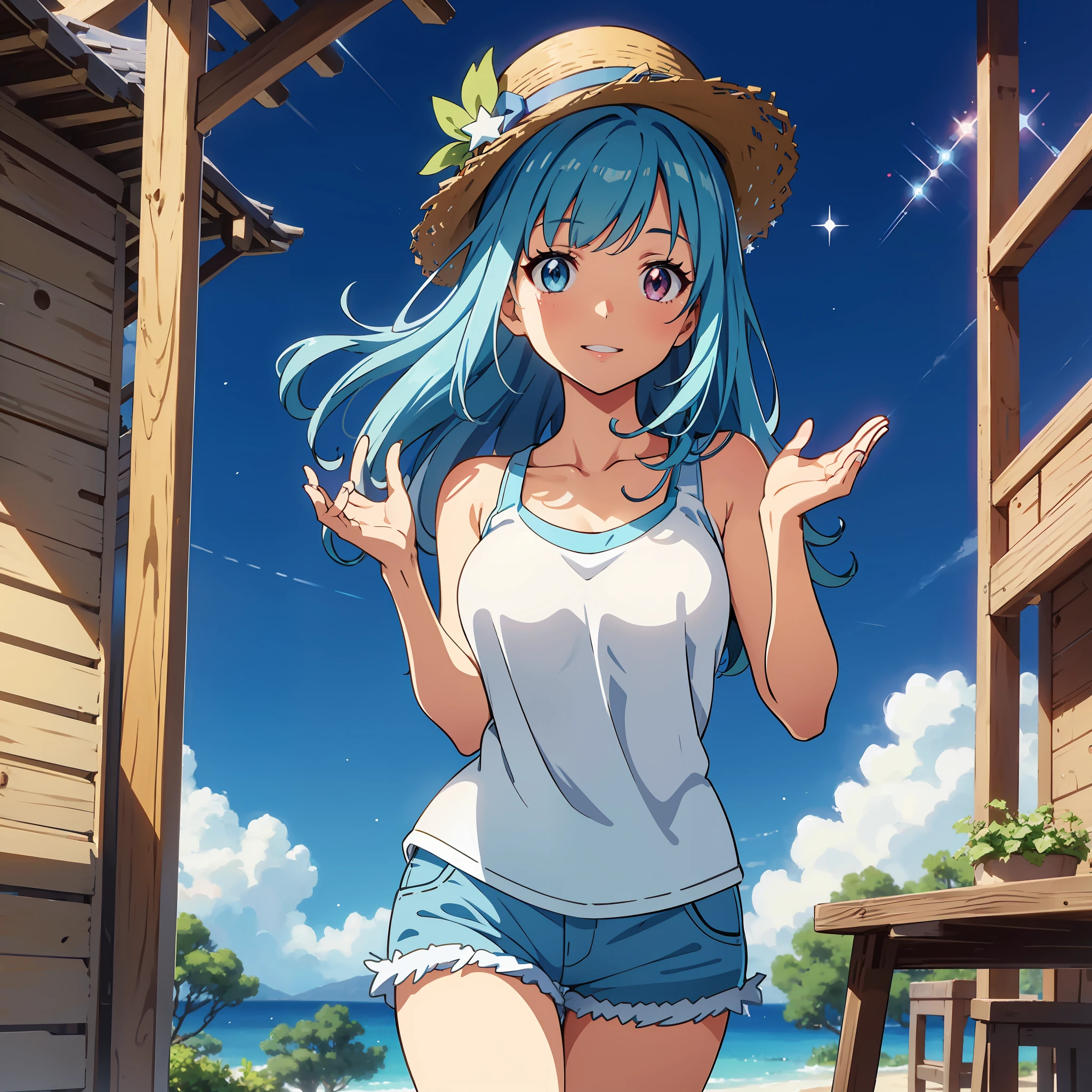 Anime illustrations in the style of "Kyoto Animation", highest quality, (cute: 1.1), (cute), (high resolution: 1.2), incredibly ridiculous: 1.3, incredibly fine illustrations, break 1 beautiful girl, Solo, (heterochromia, light blue eyes and light green eyes), silhouette of star eyes, solo, standing figure, best smile, high five, princess eyes, big breasts, break, left side tail, light blue hair, semi-long hair, cute star hair ornament, white tank top, Blue shorts, straw hat, wind