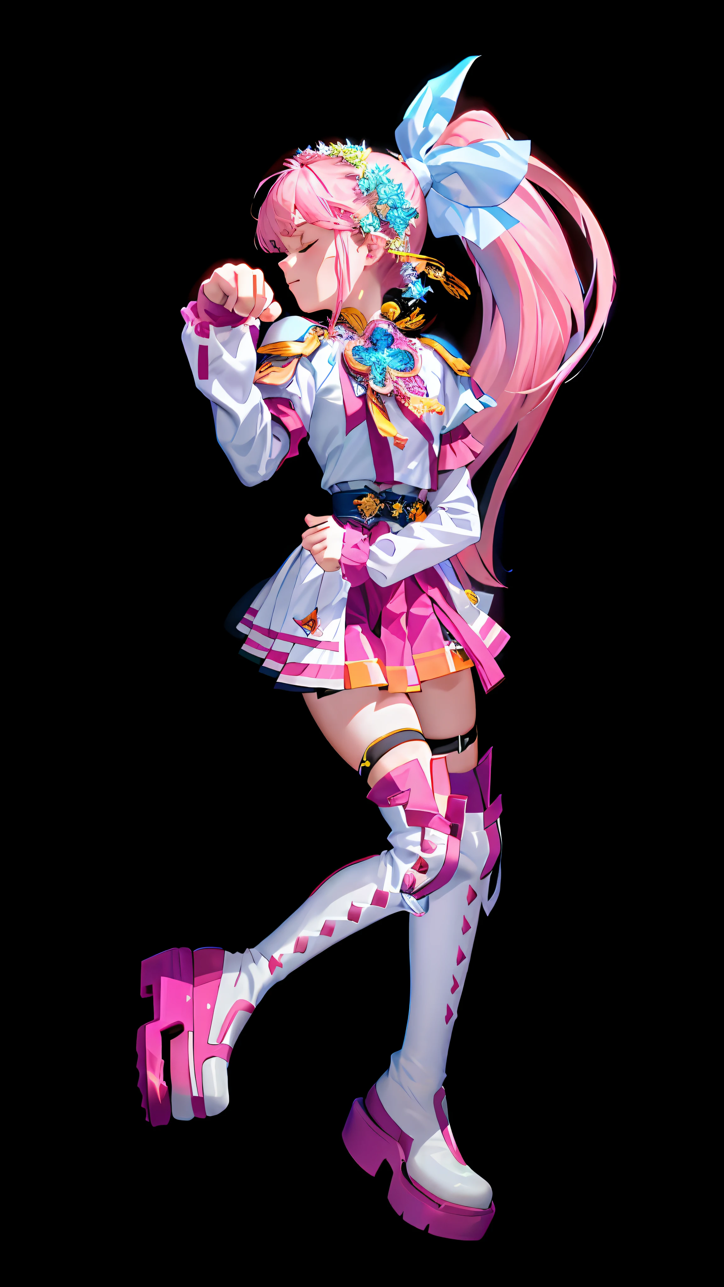 (lora:QuickHand:1.2), (Masterpiece:1.5), (Best quality: 1.5), 8k, (Perfect hand: 1.5), 1 girl, eyes closed, mouth closed, pink hair, single ponytail, white top, pink pleated skirt, pink over-the-knee socks, white boots, (no background: 1.5), skinny legs, (cat's paw gesture: 1.5),