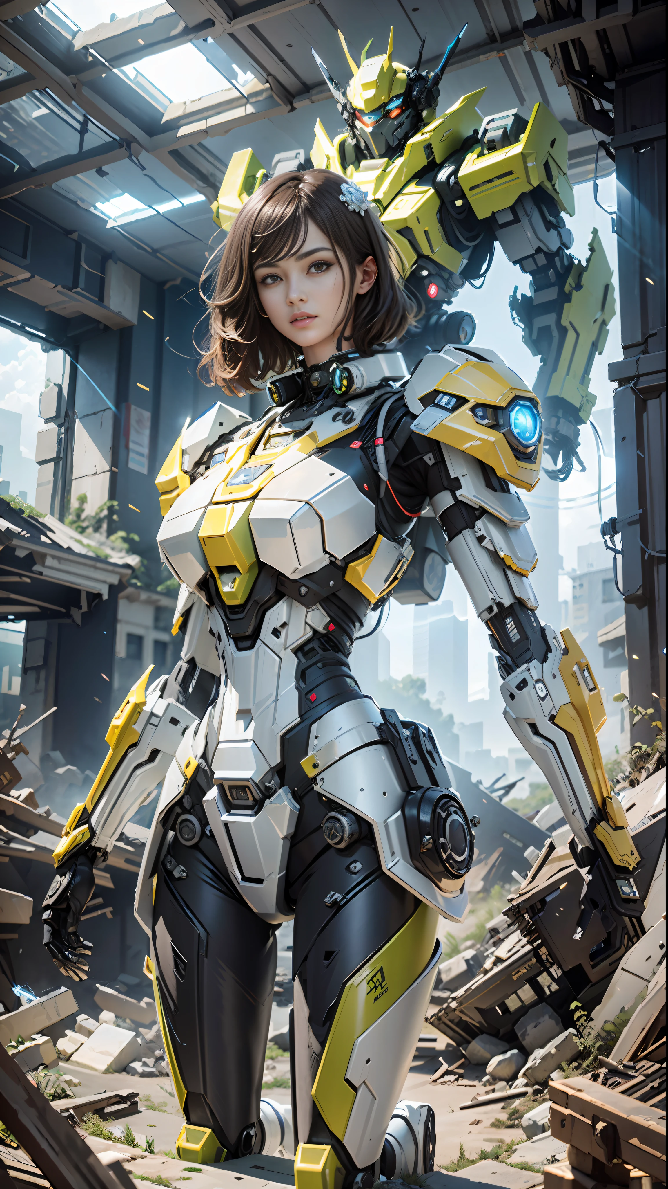 ((Best quality)), ((masterpiece)), (highly detailed:1.3), 3D,Shitu-mecha, beautiful cyberpunk women with her mecha in the ruins of city from a forgoten war, ancient technology,HDR (High Dynamic Range),Ray Tracing,NVIDIA RTX,Super-Resolution,Unreal 5,Subsurface scattering,PBR Texturing,Post-processing,Anisotropic Filtering,Depth-of-field,Maximum clarity and sharpness,Multi-layered textures,Albedo and Specular maps,Surface shading,Accurate simulation of light-material interaction,Perfect proportions,Octane Render,Two-tone lighting,Low ISO,White balance,Rule of thirds,Wide aperature,8K RAW,Efficient Sub-Pixel,sub-pixel convolution,luminescent particles,light scattering,Tyndall effect