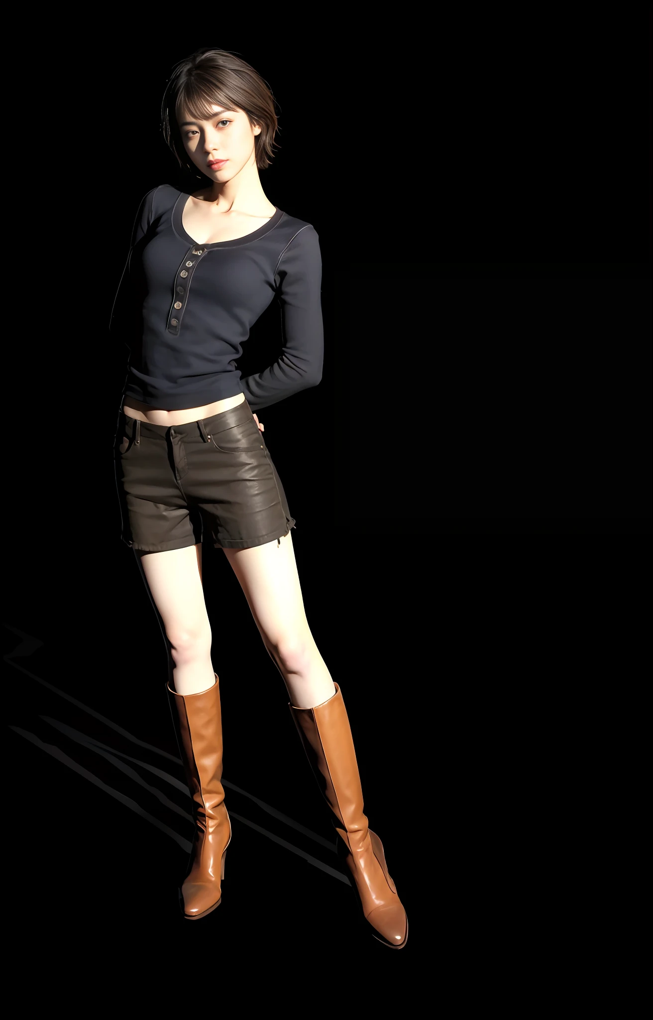arafed woman in a short skirt and boots standing in the dark, casual pose, full body render, modeled in poser, full body female, female full body, character model, female character, single character full body, full body model, render of april, full body portrait shot, fullbody shot, fully body portrait, fullbody portrait