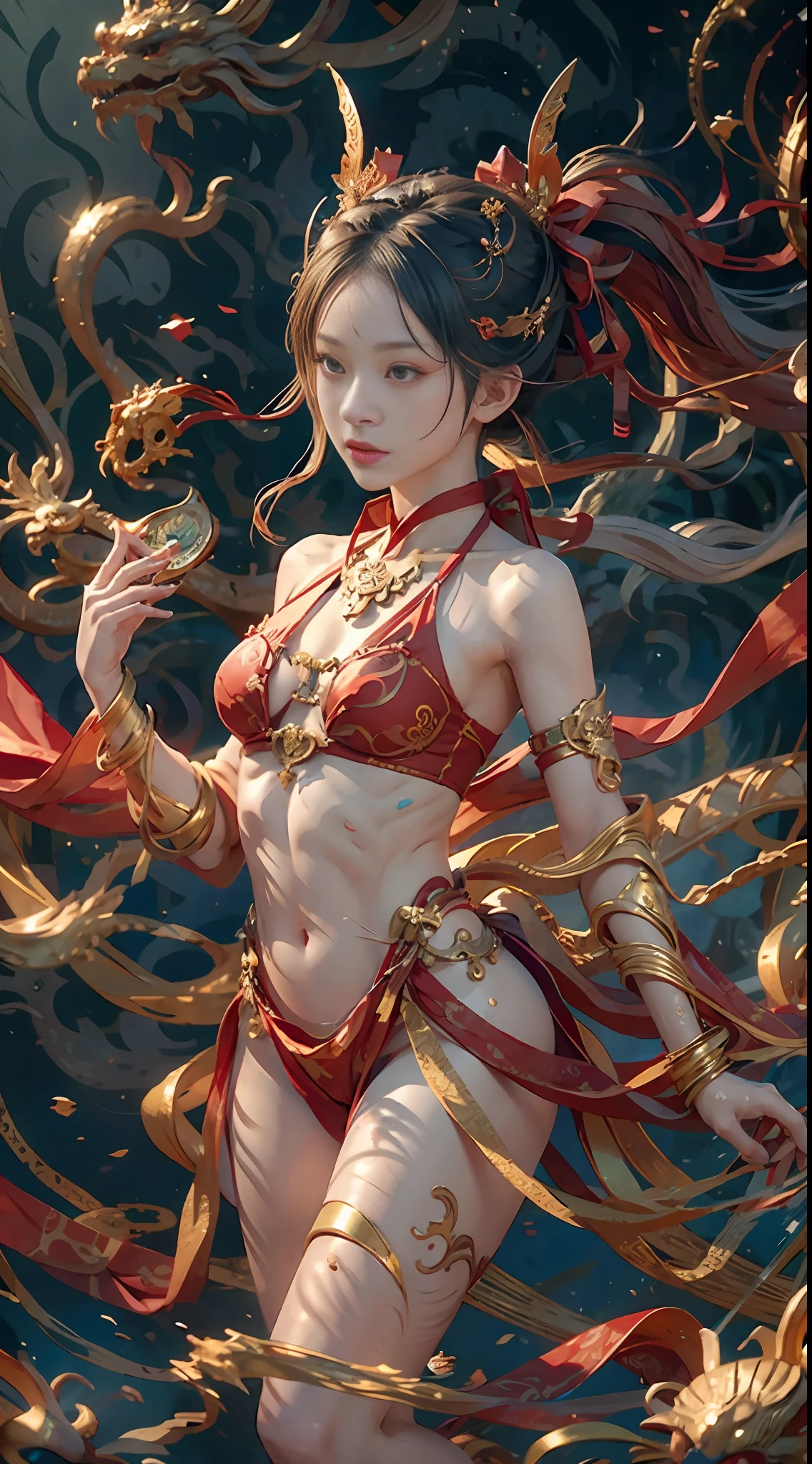 A girl, a dragon behind him, Dunhuang style, underwater, flying action, red ribbon wrapped around the body, surrealism, surrealism, supremacy, classicism, ultra hd, retina, masterpiece, ccurate, textured skin, anatomically correct, super detail, high detail, high quality, 1080P, high resolution, best quality, award-winning, 16k, 8k, 4k, hd