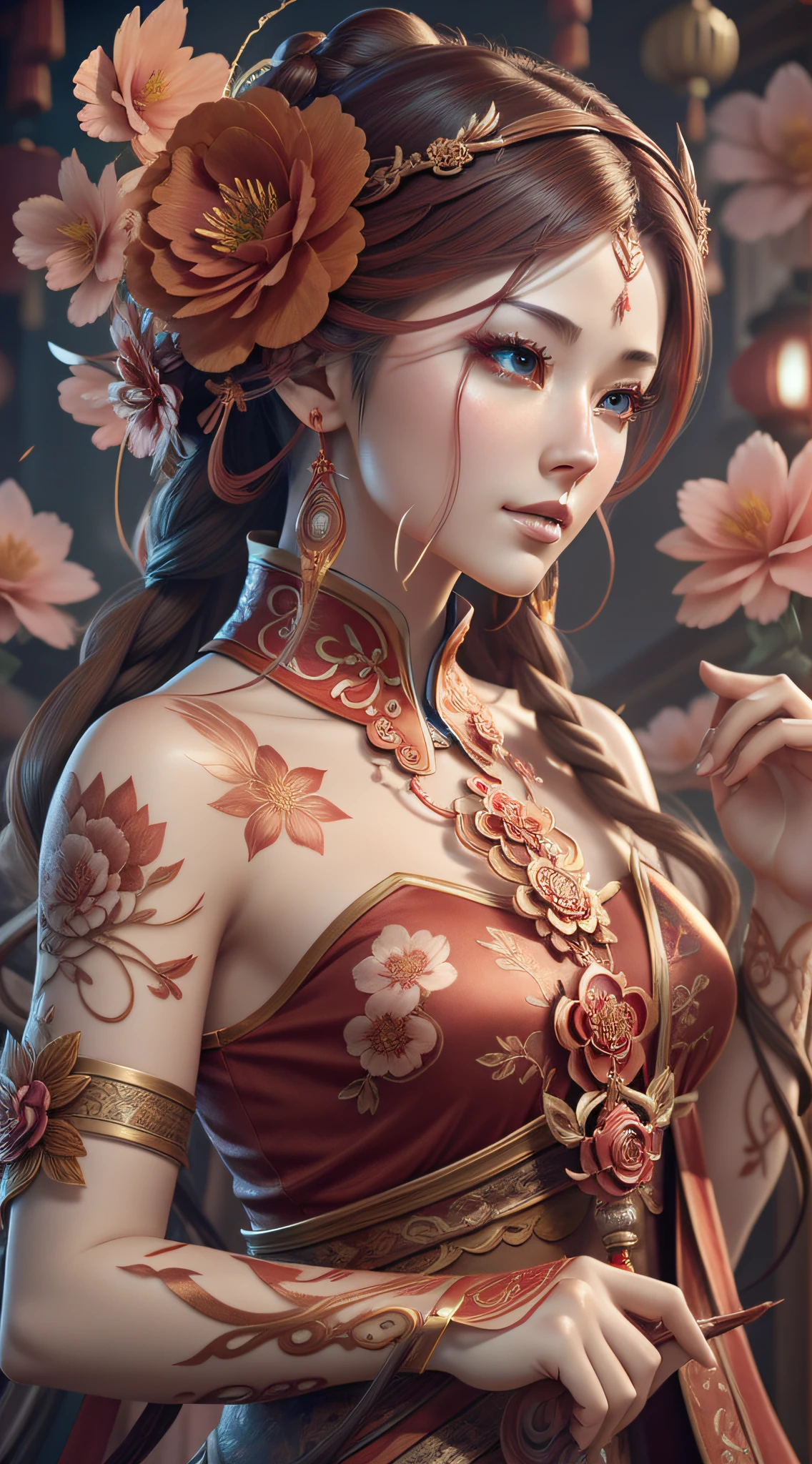 A red flower, Chinese New Year atmosphere, Chinese red, intricate gorgeous anime CGI style, 4 K detail fantasy, high detail iconic characters, beautiful biomechanics, complex fantasy characters, high detail and very sharp, intricate artwork. Octane rendering, 3 D rendering character art 8 K