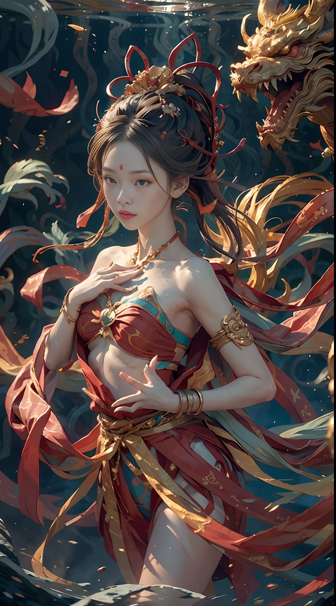 A girl, a dragon behind him, Dunhuang style, underwater, flying action, red ribbon wrapped around the body, surrealism, surrealism, supremacy, classicism, ultra hd, retina, masterpiece, ccurate, textured skin, anatomically correct, super detail, high detail, high quality, 1080P, high resolution, best quality, award-winning, 16k, 8k, 4k, hd