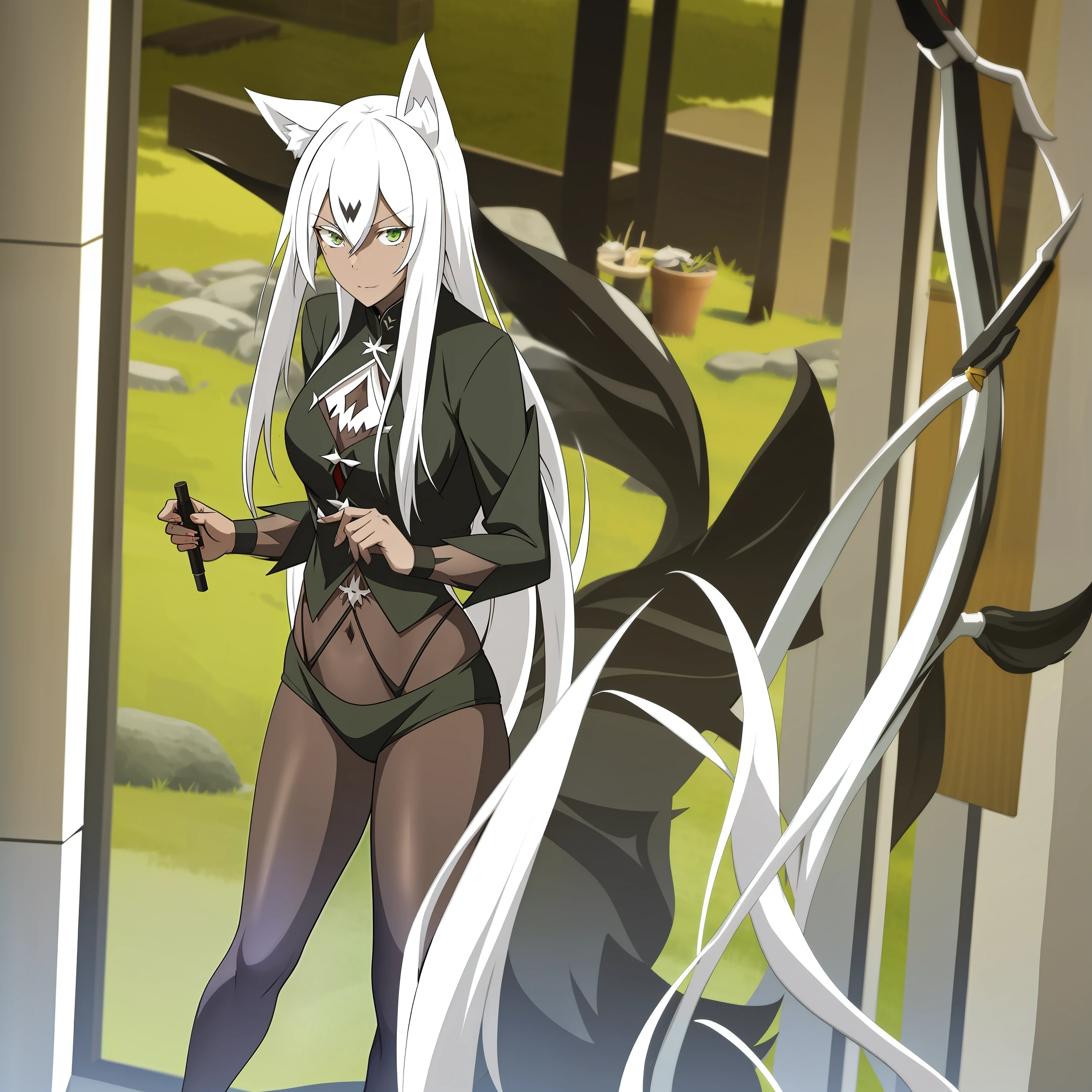 woman with wolf ears and tail,
white hair,
assassin,
black closed clothes, olivecoloured skin, green eyes