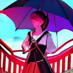 There's a woman standing on the bridge with an umbrella and looking angrily at you