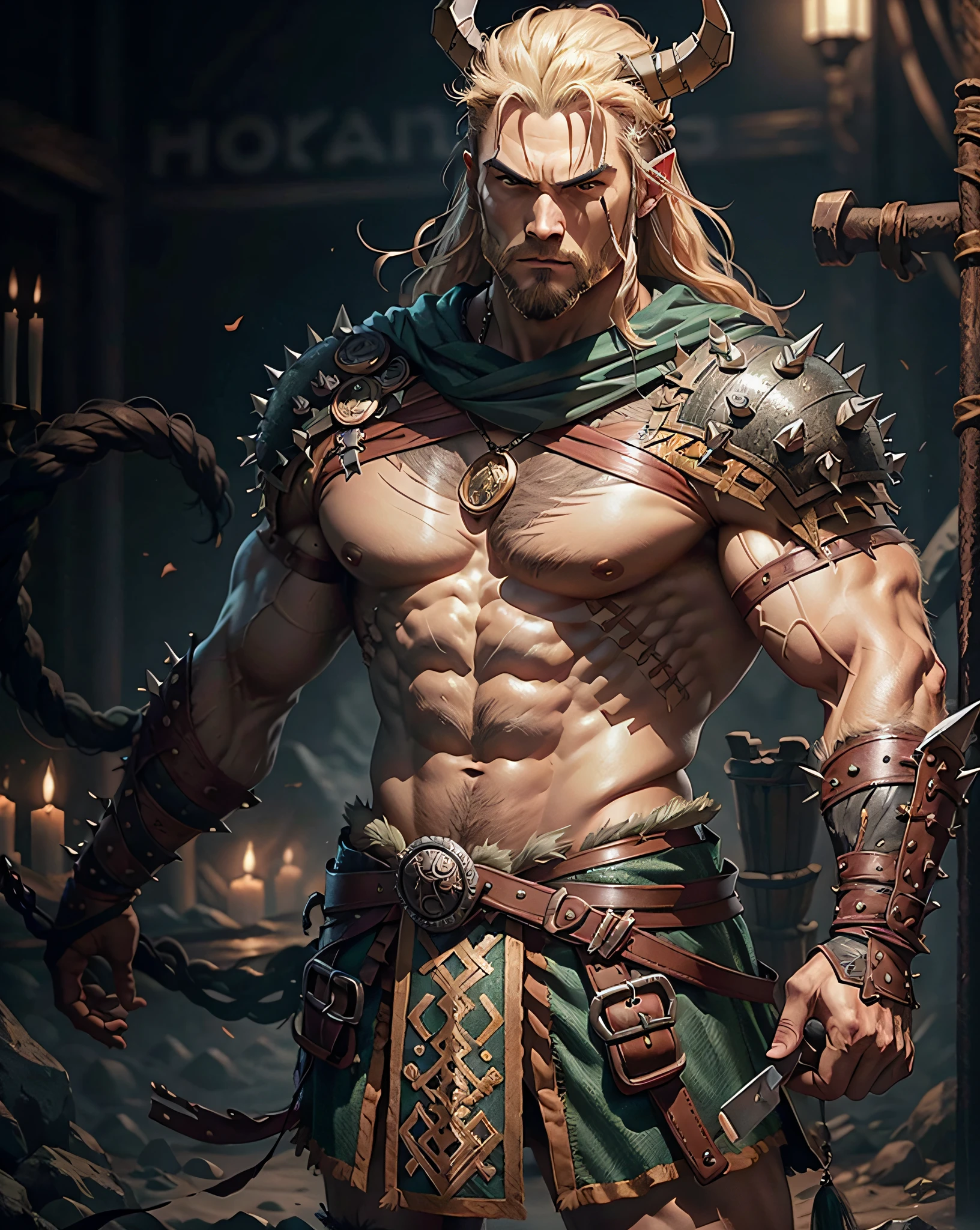 Sexy and muscular shirtless Viking man with bandages and rings on his arms, short, spiky black hair, horns