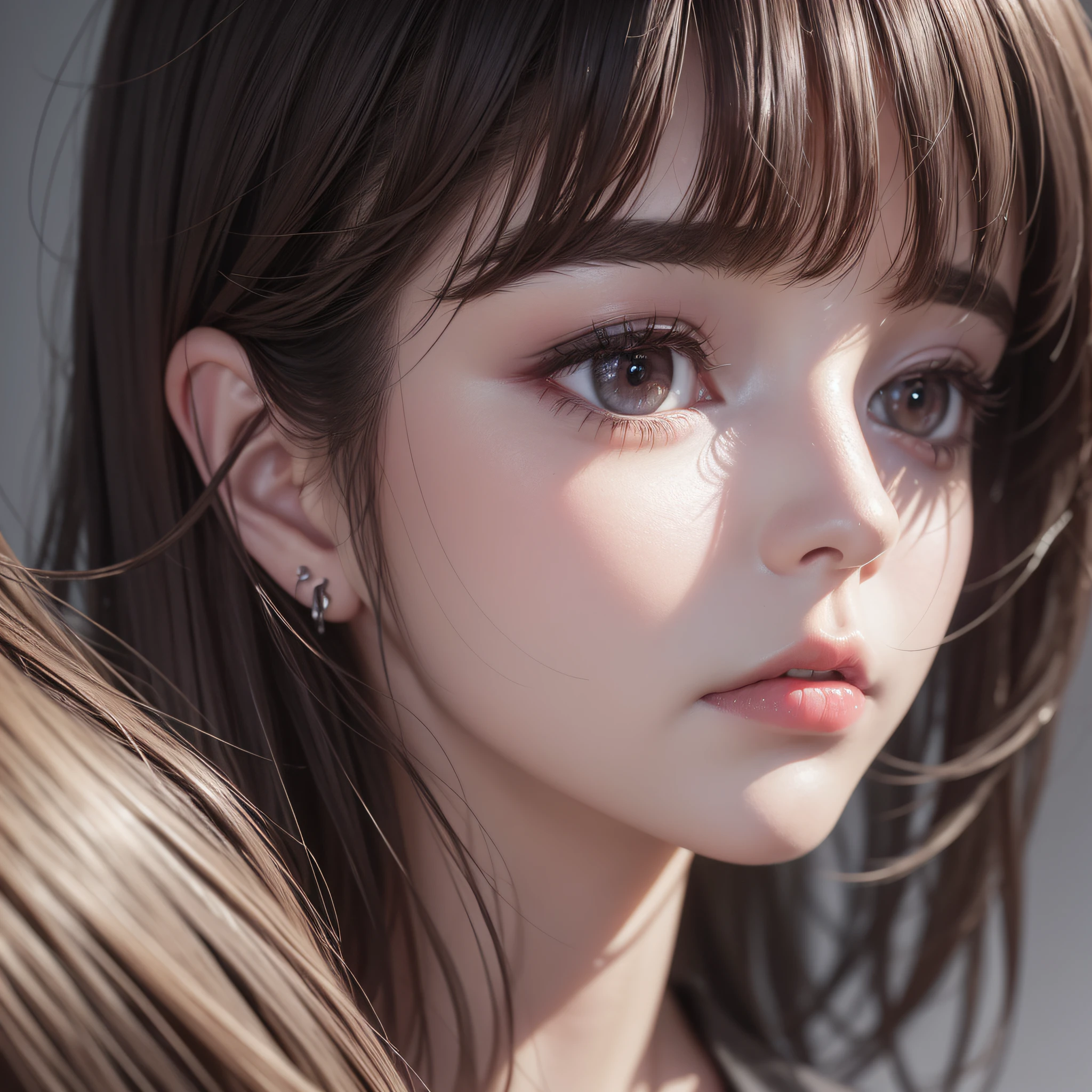 dark brown eyes,glowing eyes,lip gross,slightly red cheeks,strobe lighting to create detail,dramatic shadows and highlights,create images with depth and three-dimensionality,1 woman,surrealism