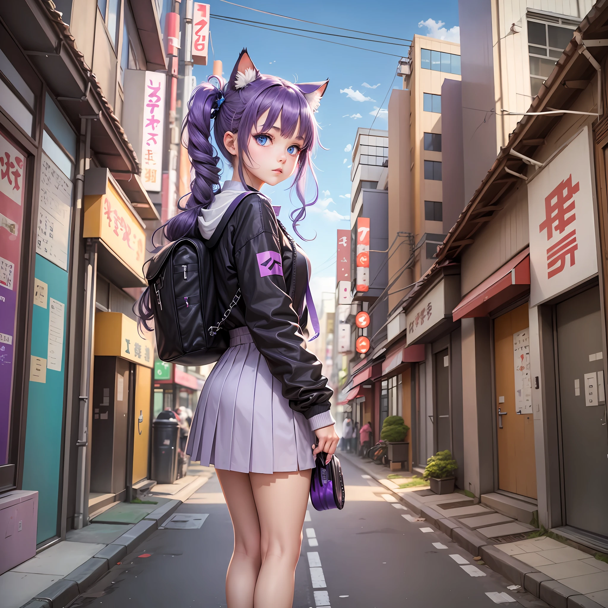 A teenage girl, pinned up hair, purple hair, sky blue eyes, cat ears, cats black, Neko, shoe uniform, in Tokyo, anime style