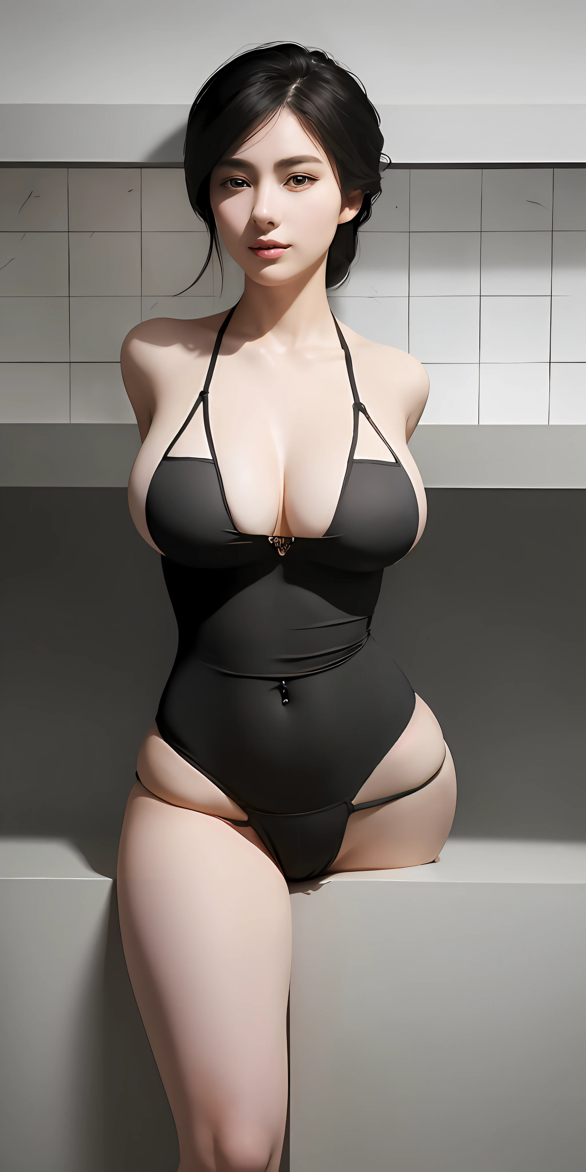 araffe woman in a black swimsuit posing in a bathtub, realistic shaded perfect body, photorealistic perfect body, realistic bikini, sexy body, swimsuit, wet swimsuit, black swimsuit, hyperrealistic full figure, curvy hourglass figure, is wearing a swimsuit, voluptuous body, perfect body, beautiful woman body, sultry body with sexy belly, sexy hot body