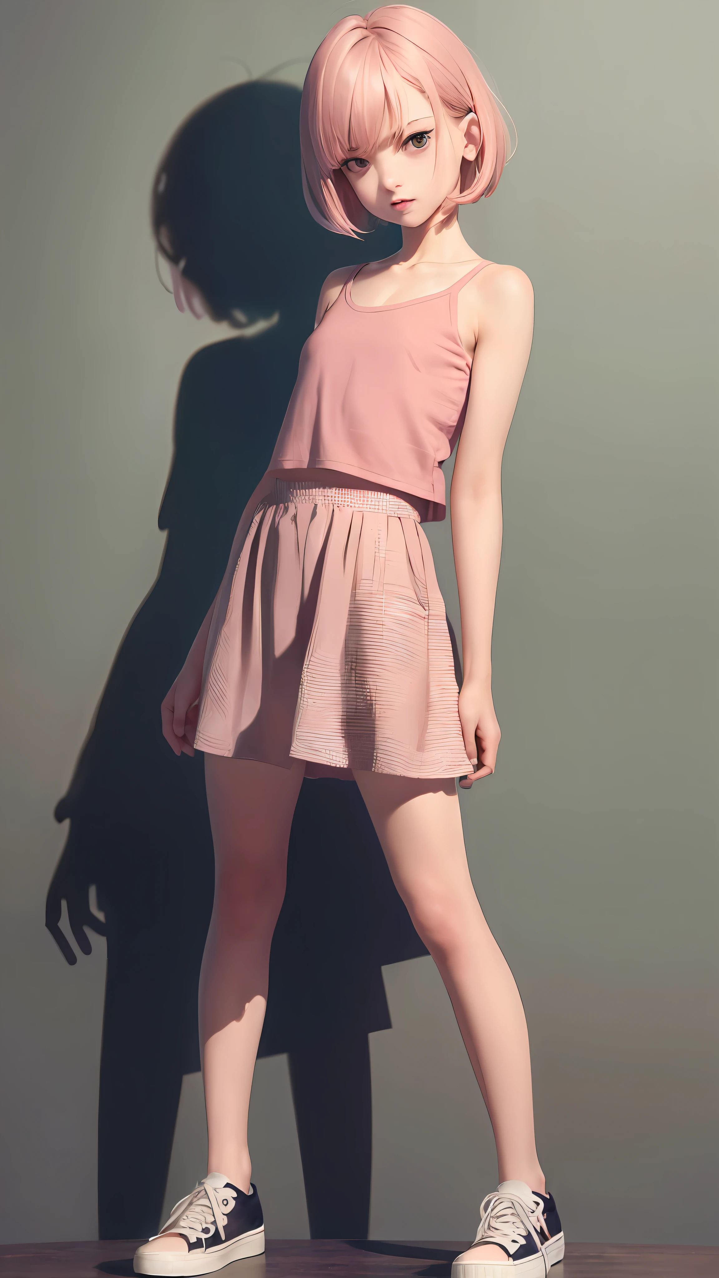 ((medium chest, small head)), best anatomy, accurate anatomy, accurate fingers, accurate hands, accurate legs, 1girl, best quality, high resolution, bangs, breasts, eyes visible through hair, detailed eyes, detailed mouth, detailed face, foreshortening, green eyes, hair intakes, looking at viewer, parted bangs, ((pink hair)), ((red shirt)), shirt, ((short hair)), sleeveless, sleeveless shirt, small | medium breasts, solo, ((masterpiece)), portrait, mature female, skirt, mini skirt, short skirt, shoes, sneakers shoes, high shoes, white shoes, thighs, armpits, beautiful armpits, front view, blushing, standing, navel, hand up, beautiful legs, stomach,