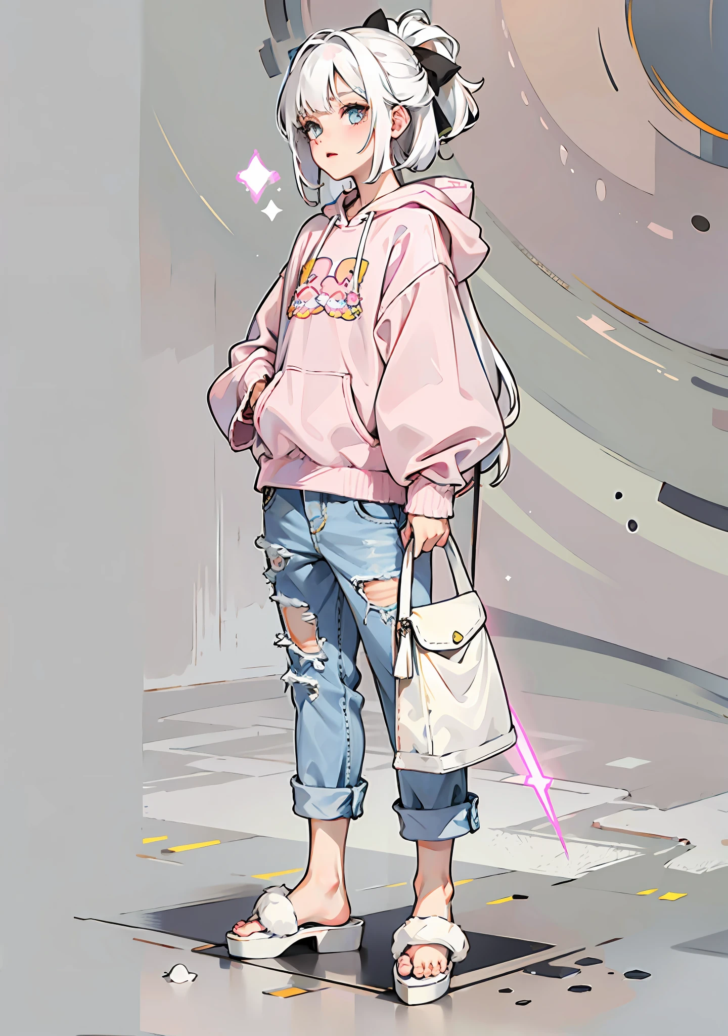 White hair, light eyes, laser texture pink clothes, jeans, cute slippers, bustling background