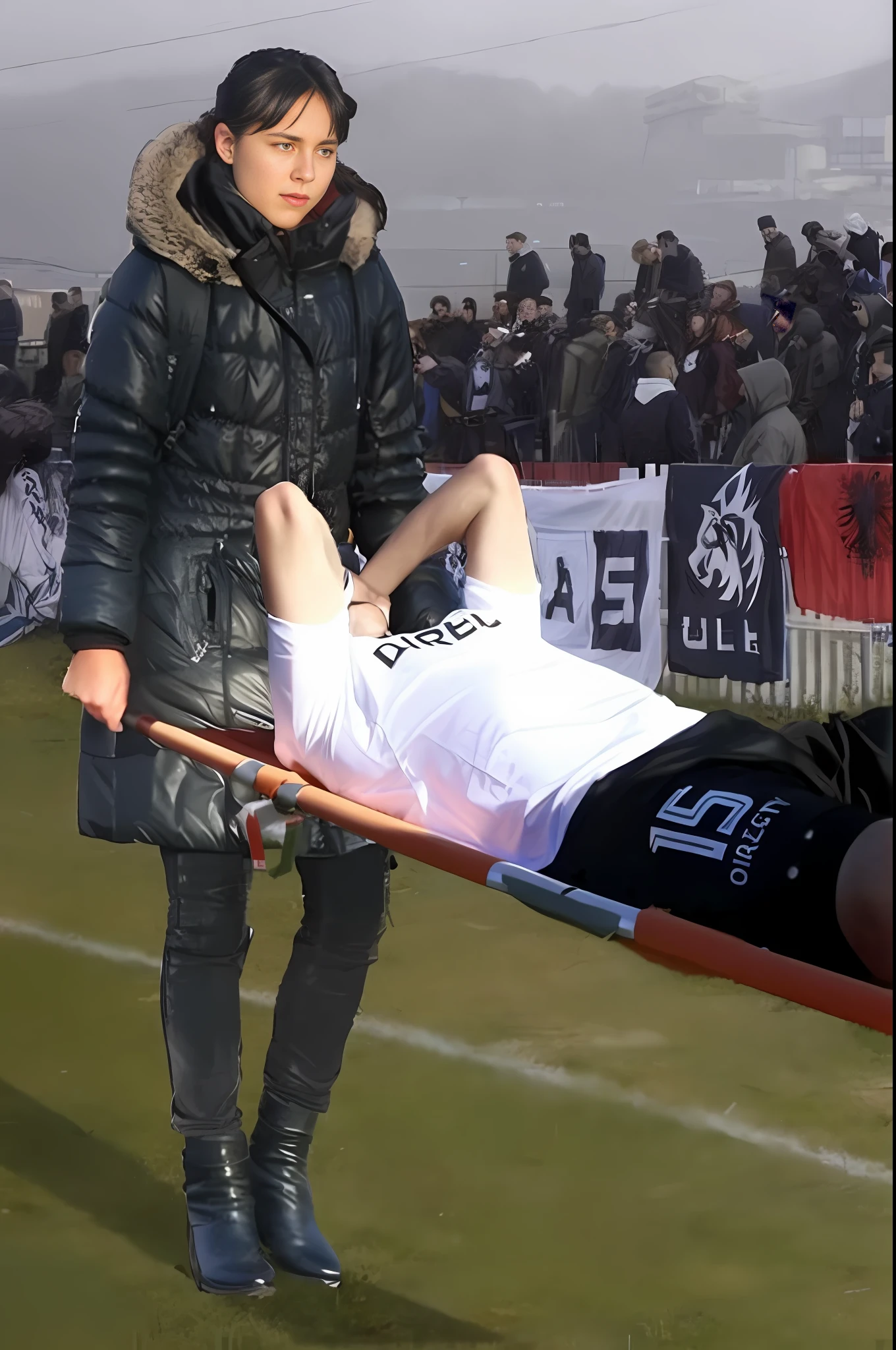 there is a -boy lying injured on a stretcher, a young man is lying on a stretcher, a longhaired blond womAN IS WEARING A SHINY BLACK PVC VINYL jacket, shiny BLACK RAINCOAT; RAINY-WEATHER; RAINFALL; POURING RAIN; PITY; PAIN; A YOUNG MAN IN PAIN ON A STRETCHER; , a blond longhaired woman is wearing a very high-gloss and waterproof puffy jacket and shiny leather pqants, the woman is carrying a stretcher in a sports stadium, on the stretcher lies a young Caucasian football player, the football player is wearing a white short-sleeved shirt and black shorts, the soccer player is lying on his back on the stretcher and is covering his face with both hands, the woman is angry and shouts out loud, the woman is frightened and looks very concerned, the woman is loving the soccer player and is sending enormous amorous looks to him, the woman is carrying the stretcher out of the soccer field, the sports field in the background is a soccer field with a large visitors' stand, a soccer match is playing in the background --auto --s2